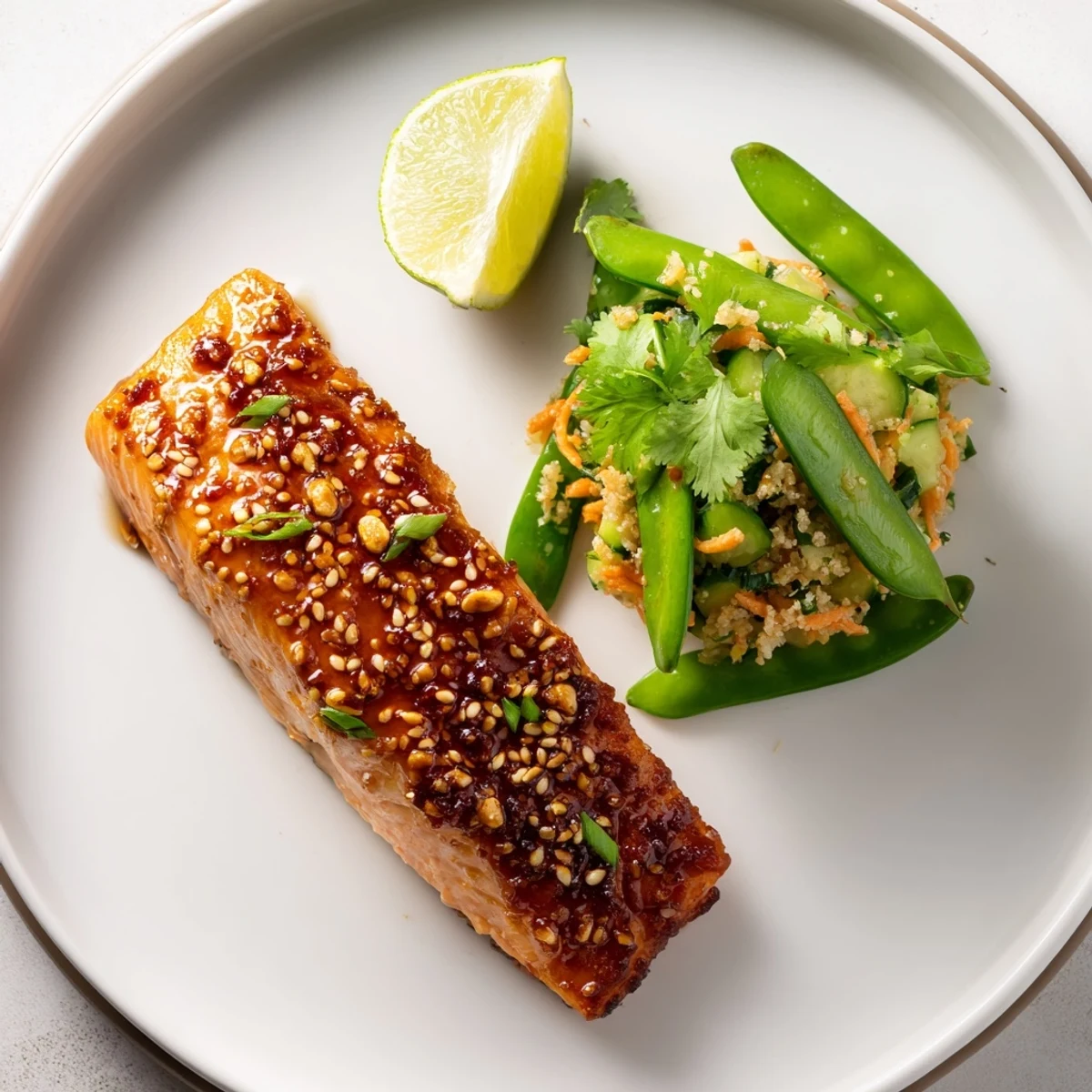 Pan-seared Miso Ginger Salmon With Sesame Snap Pea Cucumber Slaw, vibrant crunchy textures