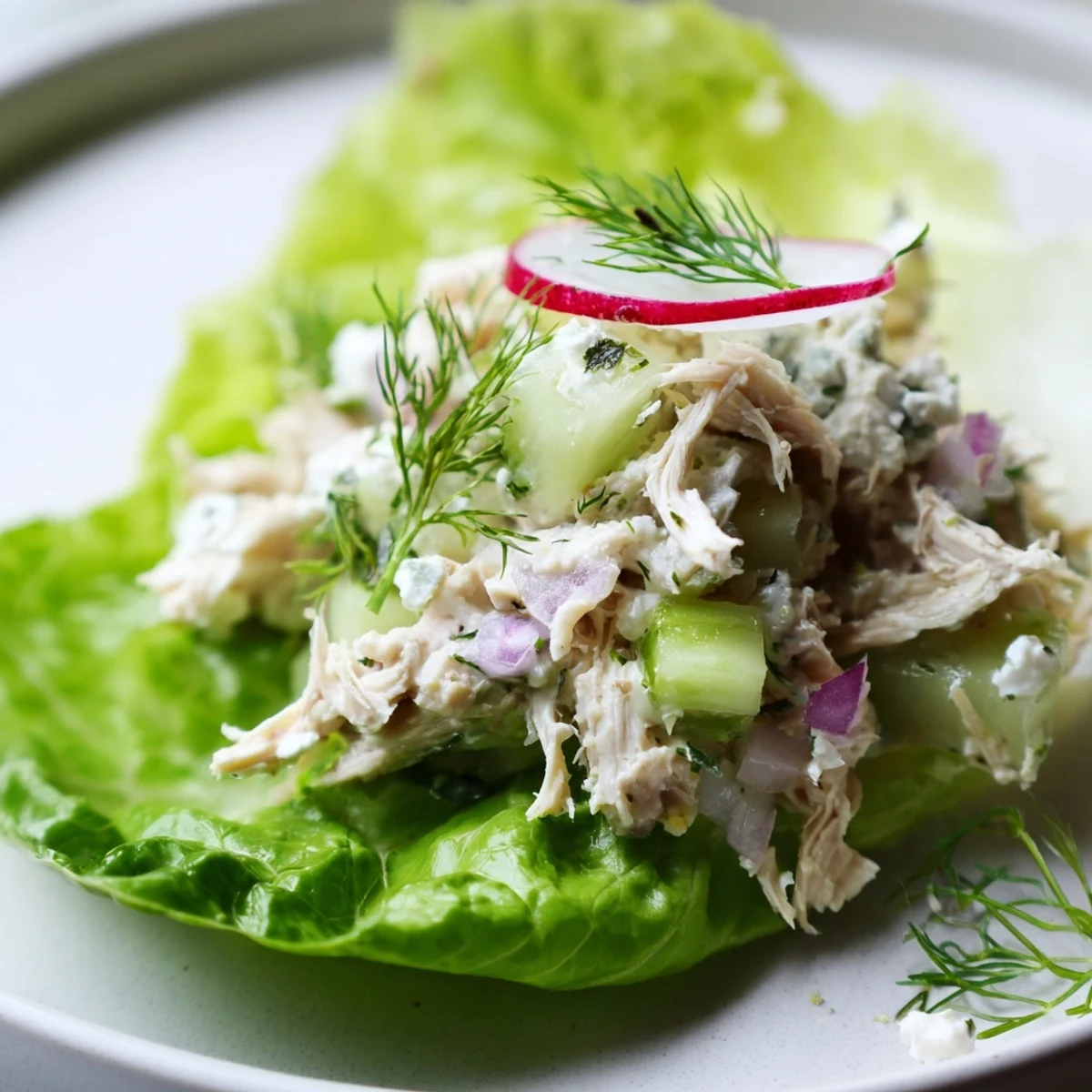 Cottage Cheese Dill Lime Chicken Salad Cups piled in crisp lettuce, citrusy aroma.