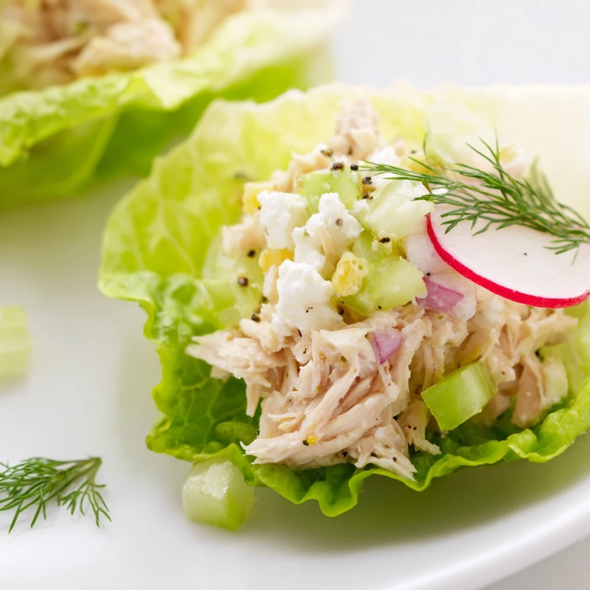 A refreshing mix: Cottage Cheese Dill Lime Chicken Salad Cups garnished with radishes.