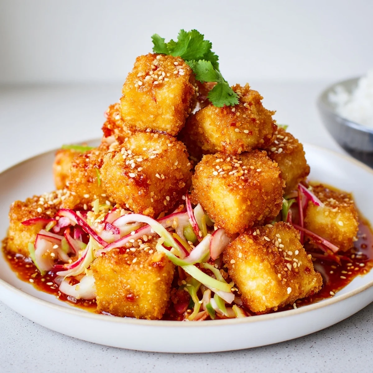 Crispy Chili Garlic Tofu With Sesame Radish Slaw, golden cubes on crisp radish salad