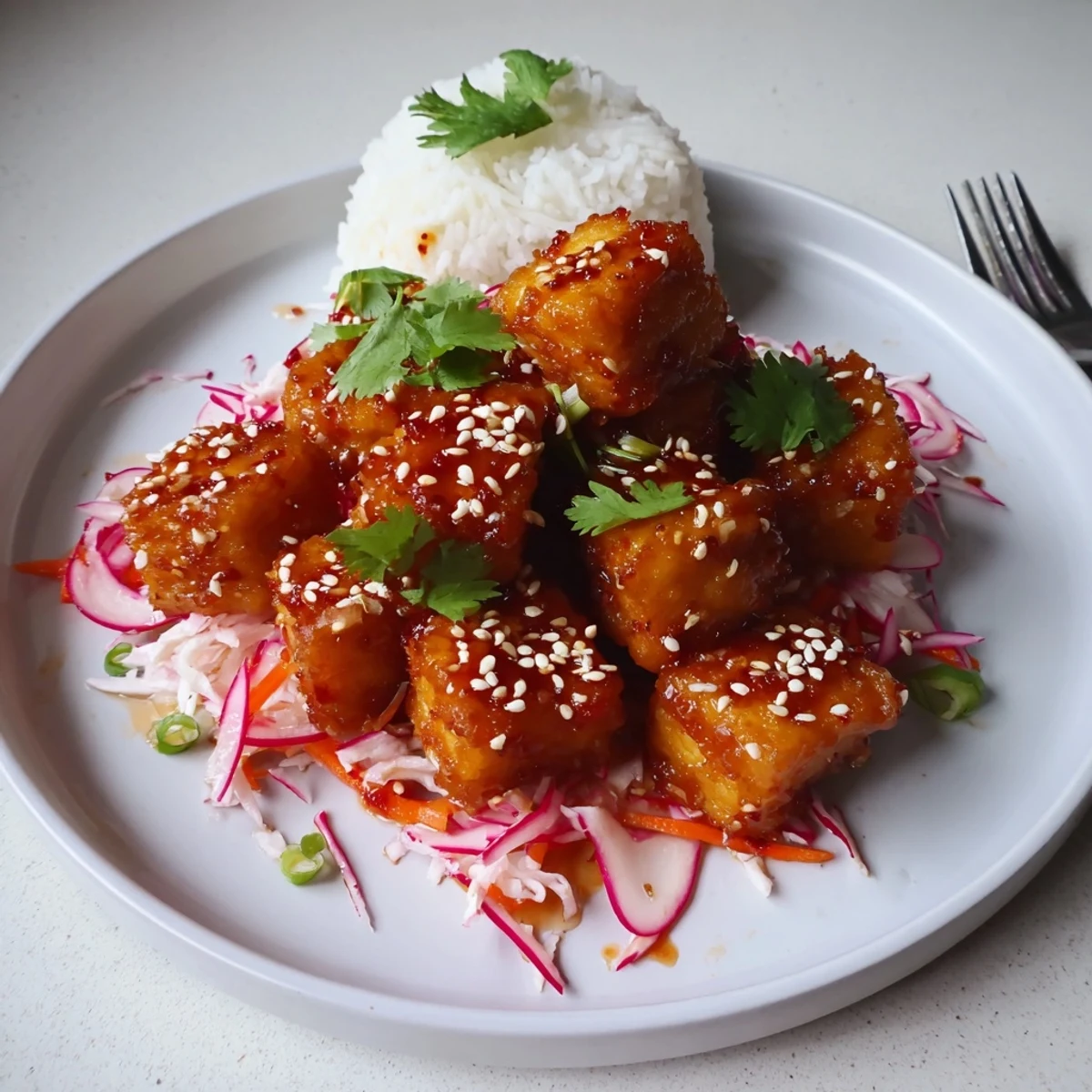 Crispy Chili Garlic Tofu With Sesame Radish Slaw served with jasmine rice and cilantro