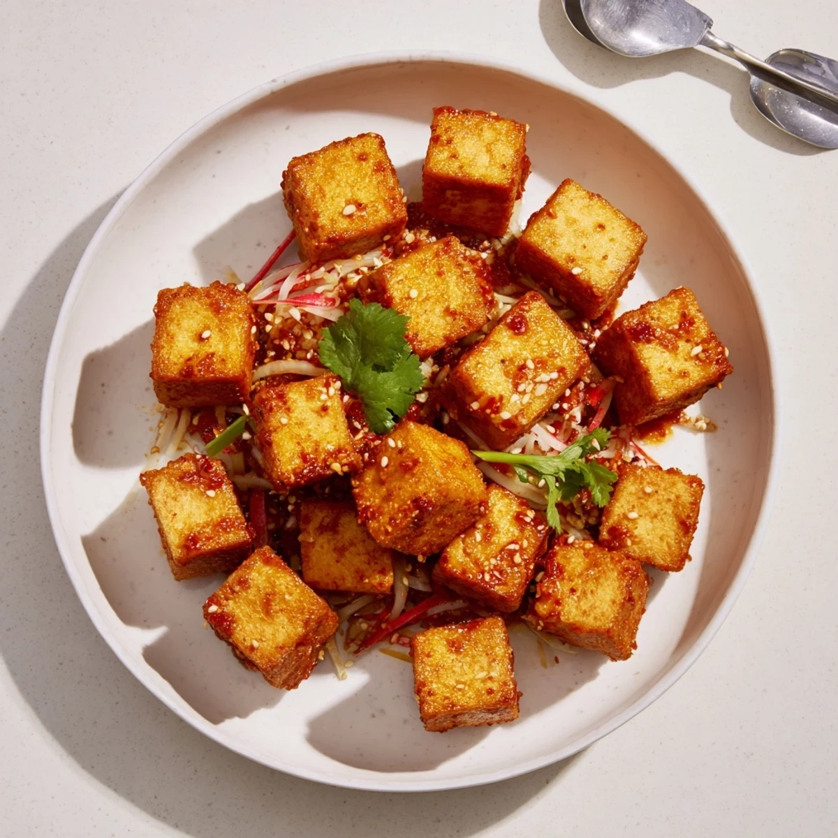 Spicy glossy tofu, sesame dotted slaw — Crispy Chili Garlic Tofu With Sesame Radish Slaw