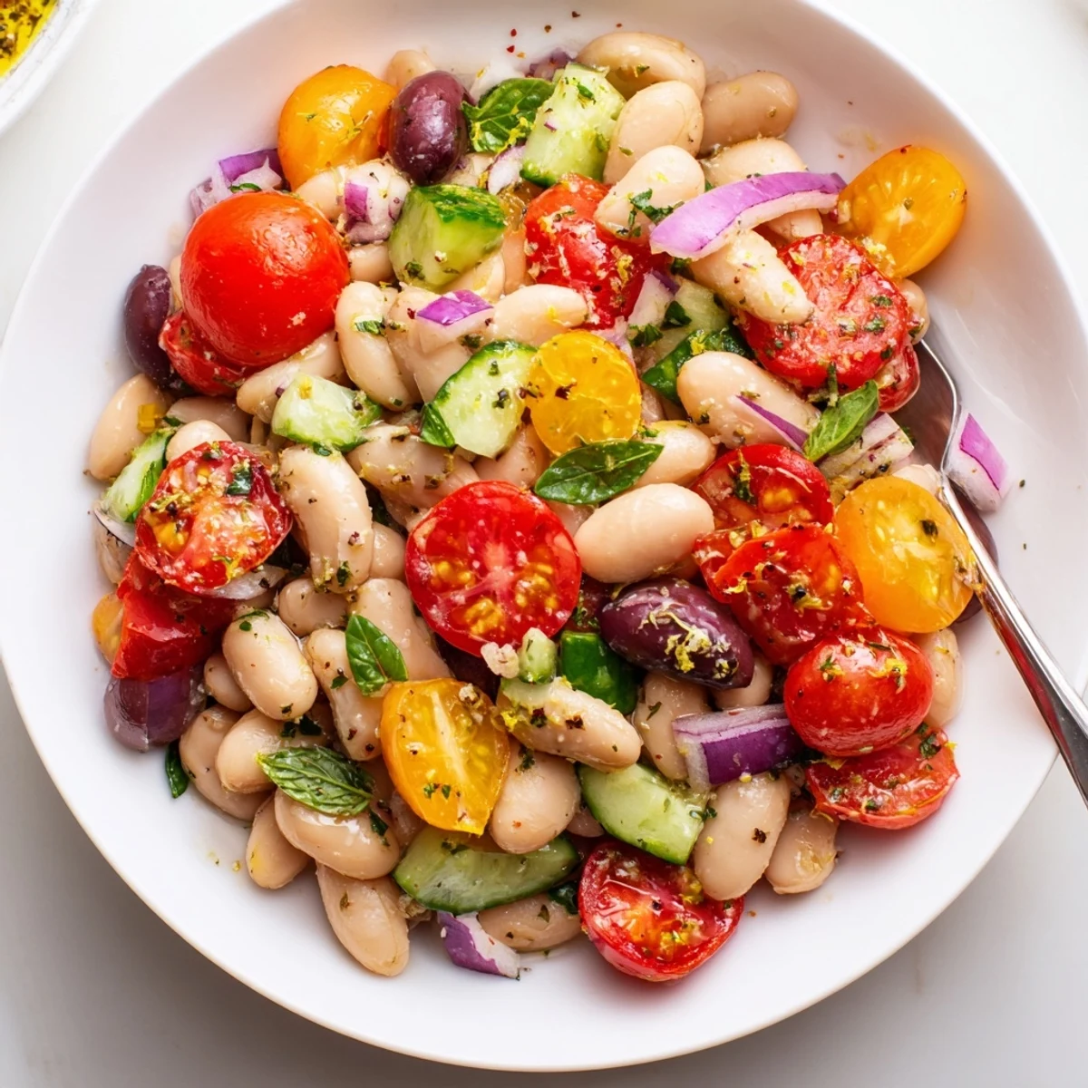 Mediterranean White Bean and Tomato Basil Herb Salad, bright lemon and garlic notes