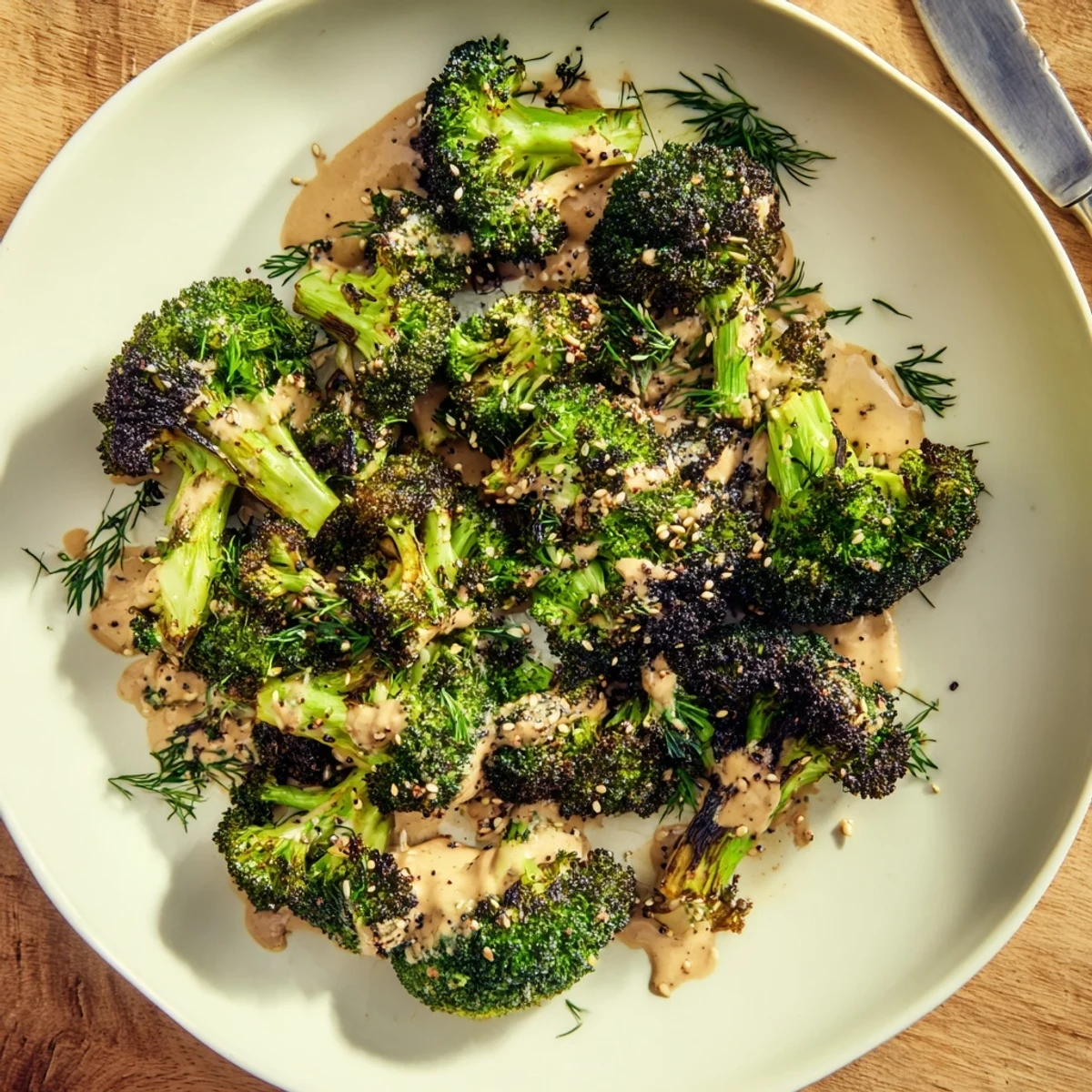 Warm Roasted Broccoli With Lemon Herb Tahini Sauce served with toasted sesame seeds