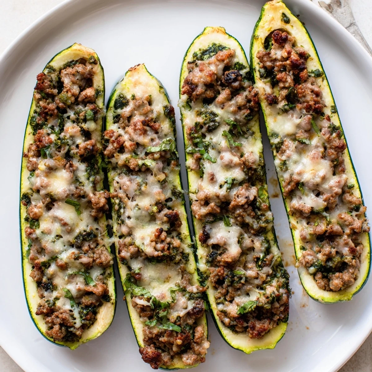 Warm Pesto Turkey and Mushroom Zucchini Boats with Basil, tender zucchini and bubbling cheese