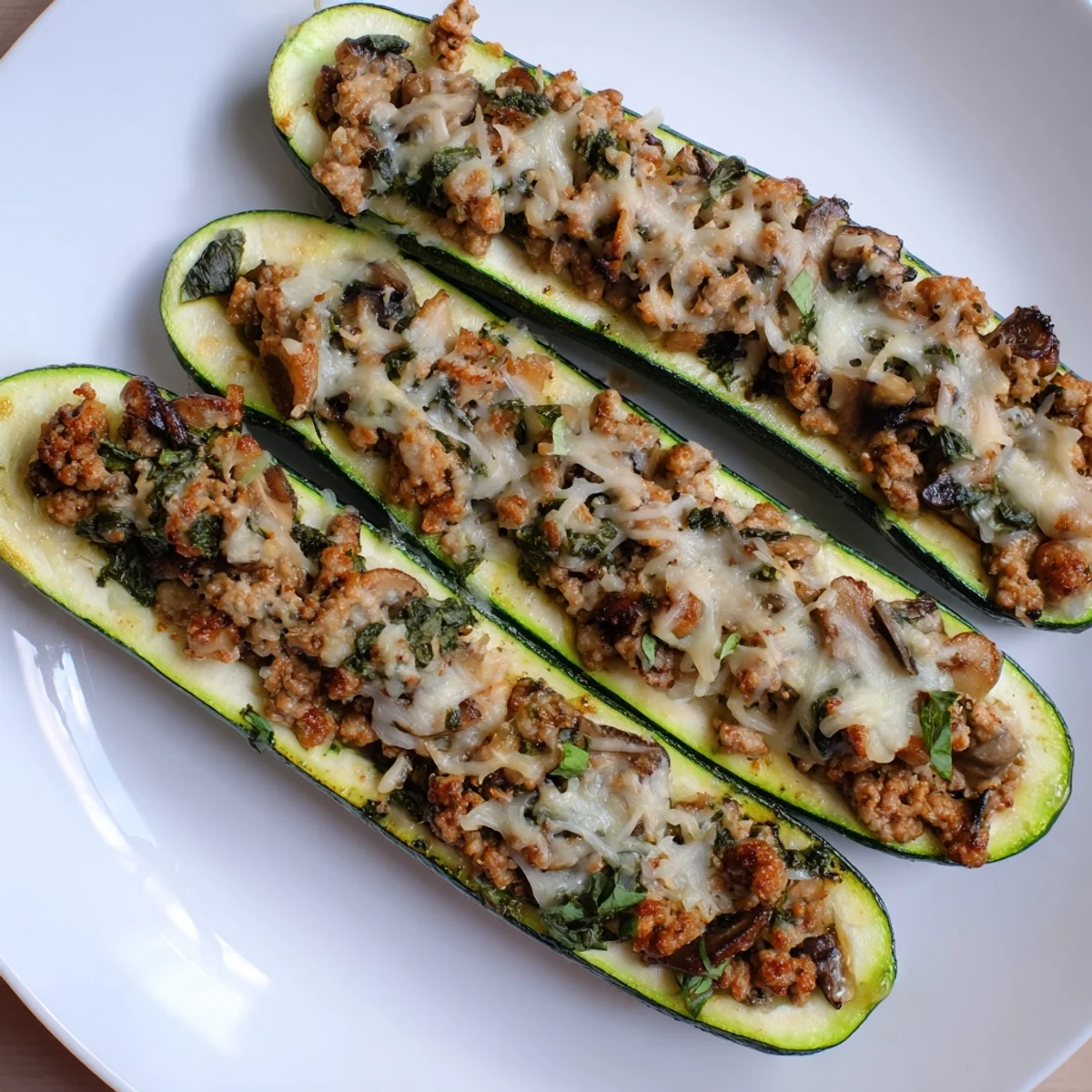 Baked Pesto Turkey and Mushroom Zucchini Boats with Basil, savory herb-scented turkey filling