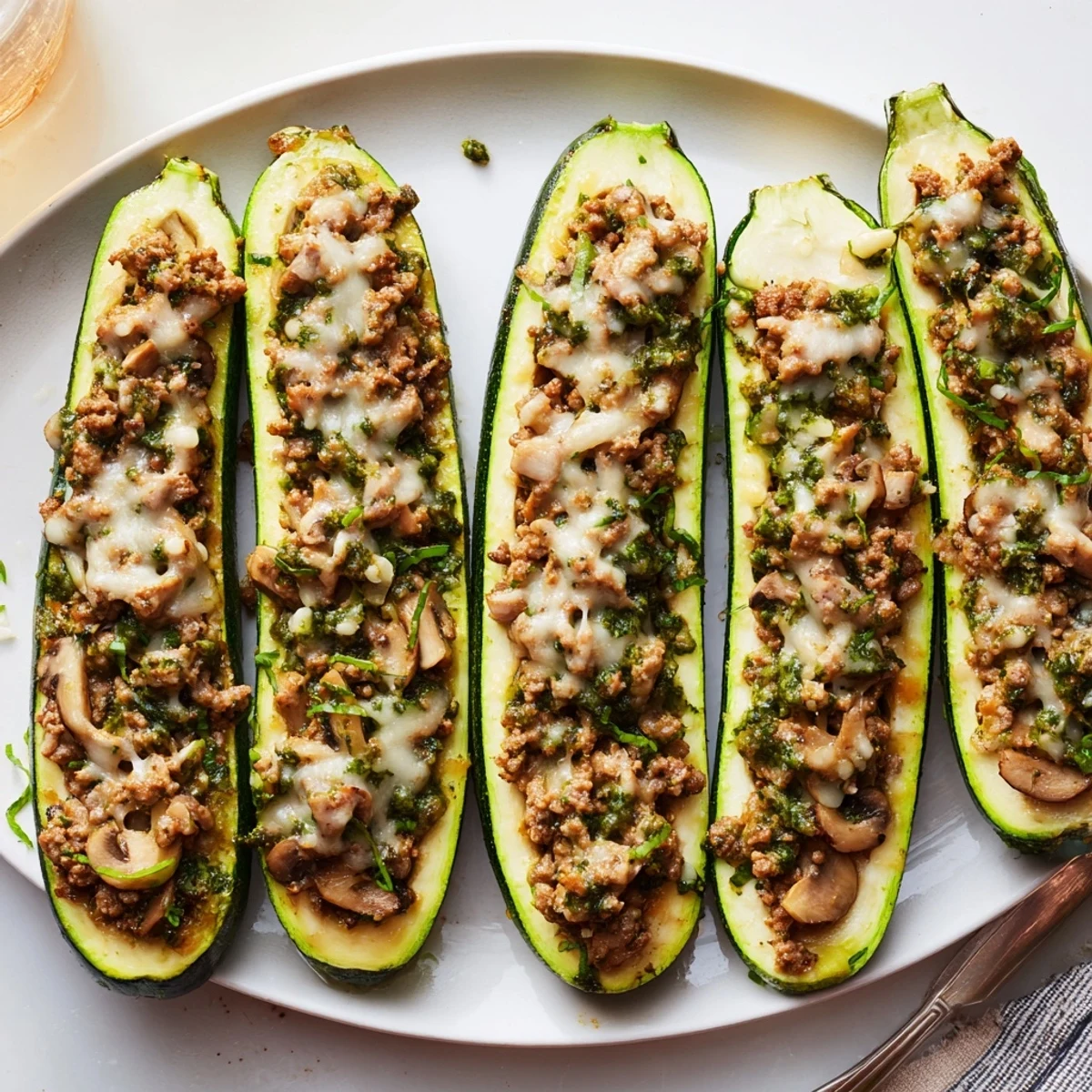 Pesto Turkey and Mushroom Zucchini Boats with Basil served with crisp mixed greens