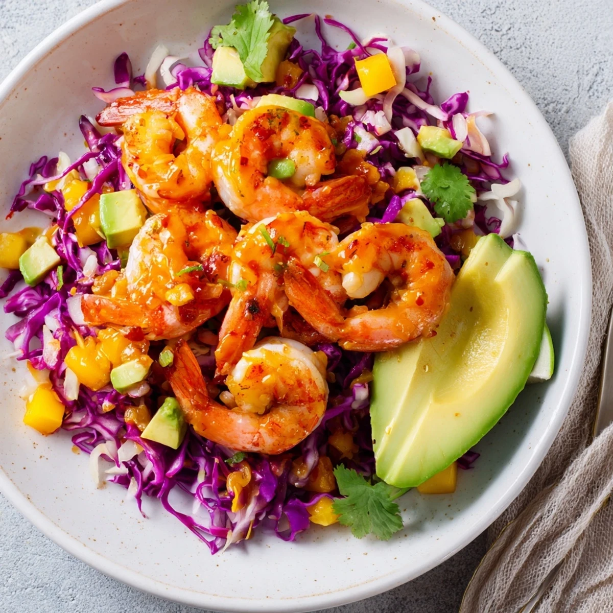 Bright Spicy Mango Shrimp With Lime Avocado Cabbage Crunch plated with lime wedge and cilantro
