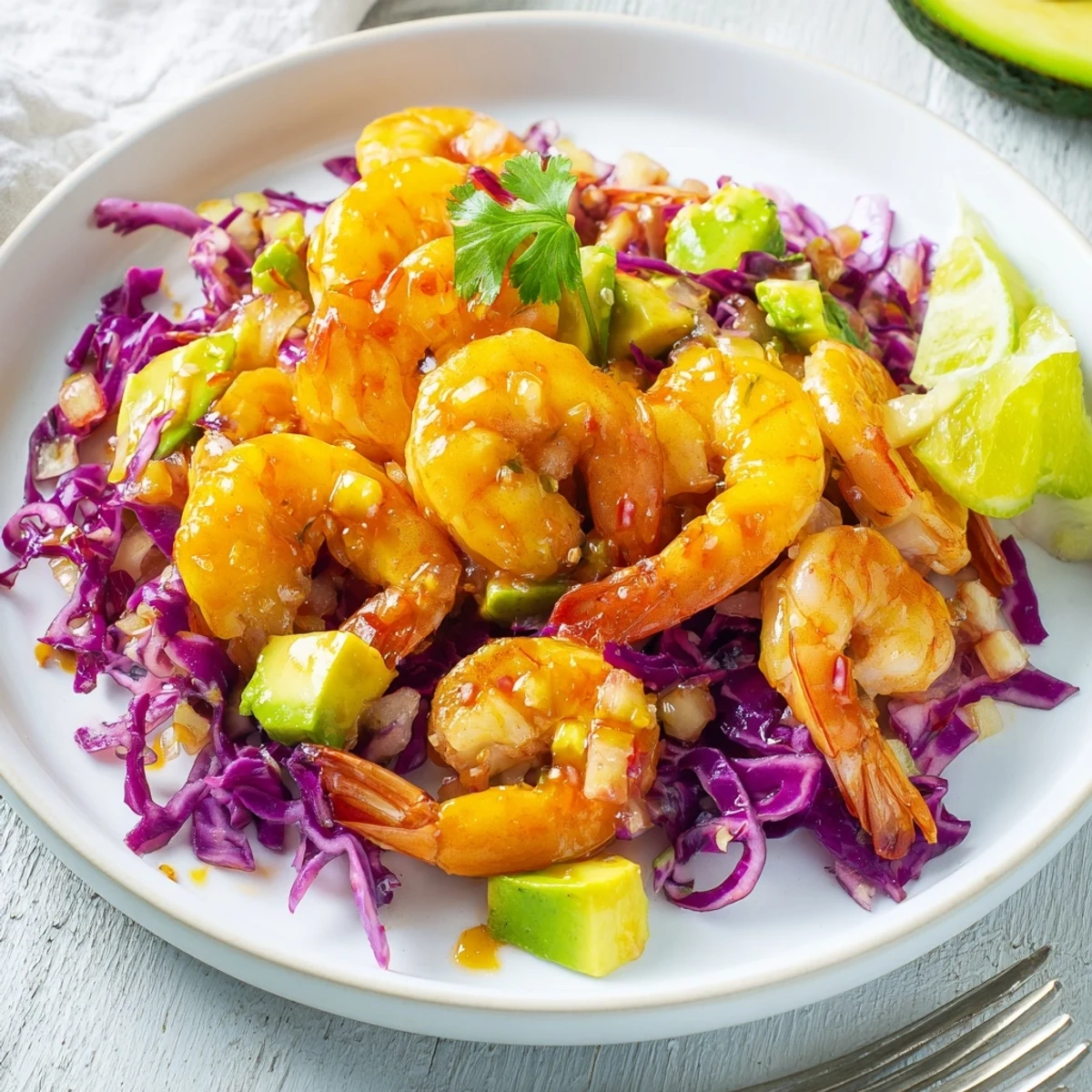 Spicy Mango Shrimp With Lime Avocado Cabbage Crunch, juicy citrus-glazed shrimp on slaw