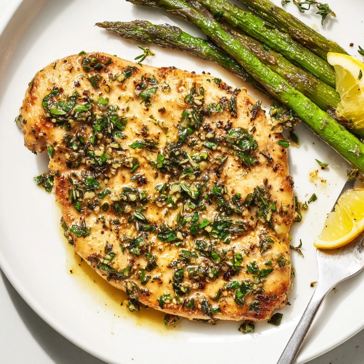 Bright lemon-scented plate of Garlic Herb Chicken With Roasted Asparagus And Lemon