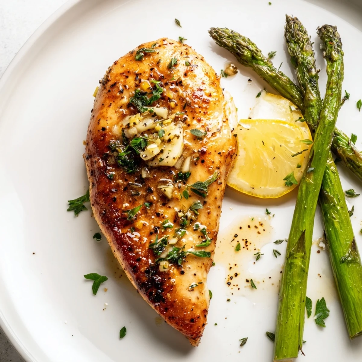 Garlic Herb Chicken With Roasted Asparagus And Lemon, oven-browned breasts with charred asparagus