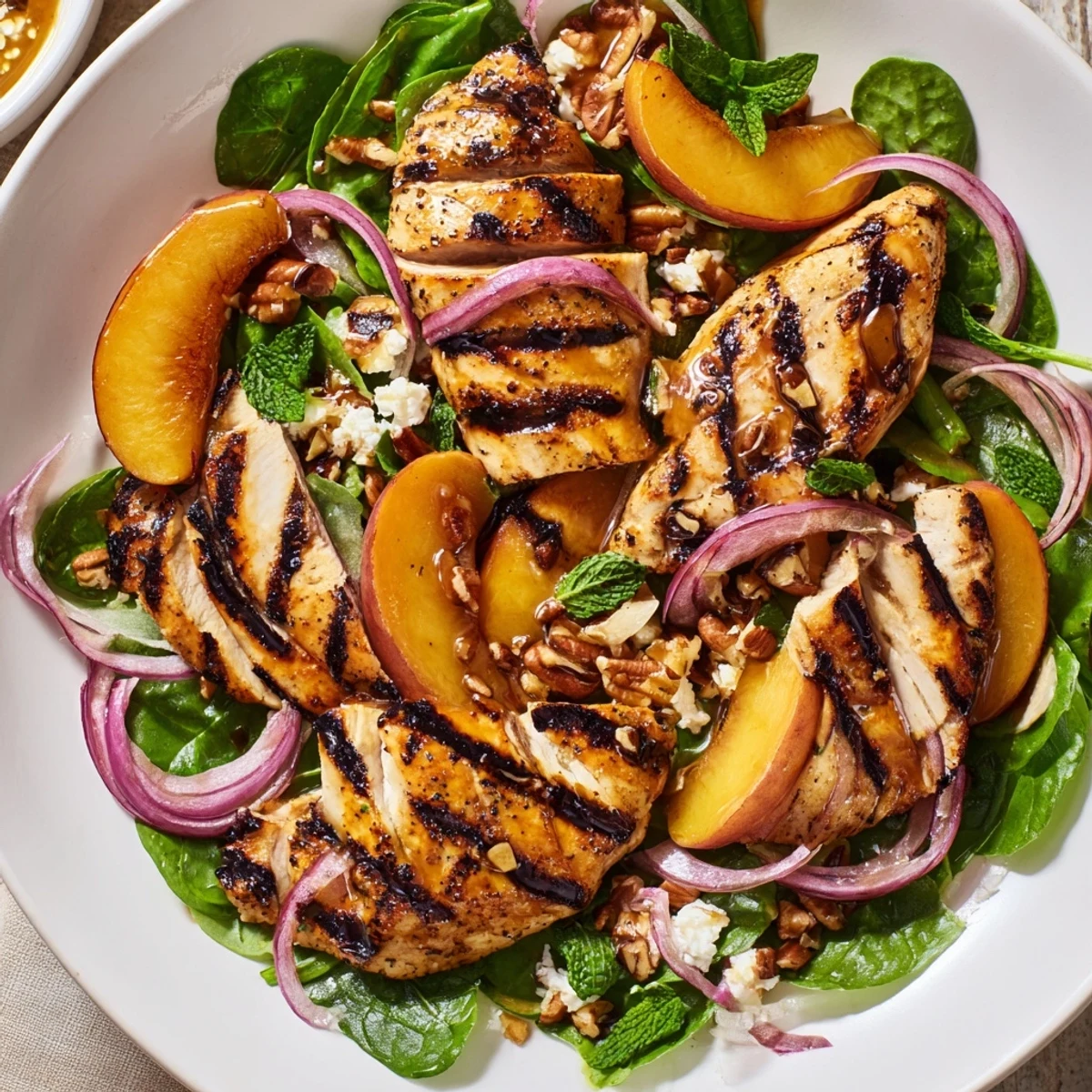Grilled Apricot and Spinach Chicken Salad with Fresh Mint, charred apricots and tangy dressing