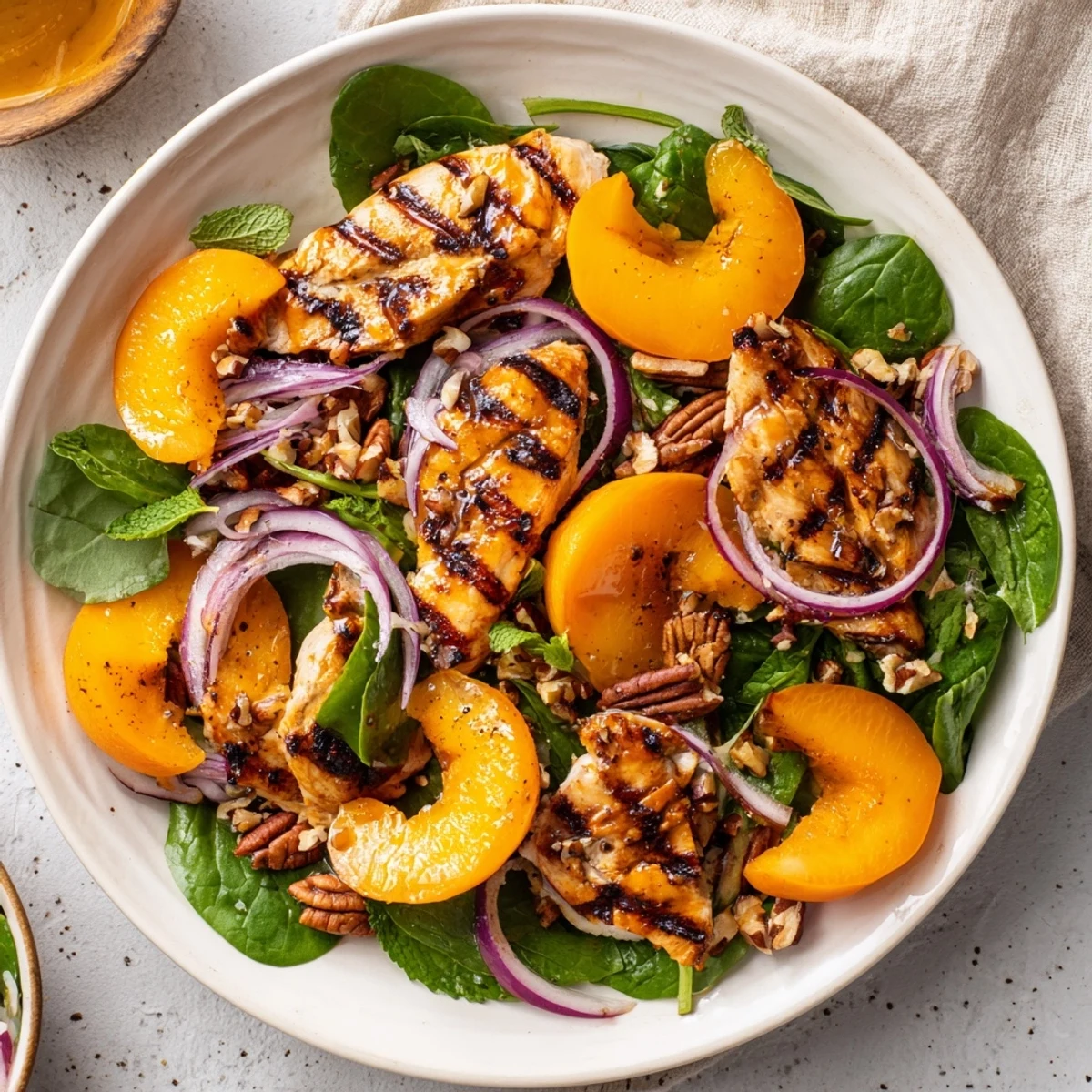 Grilled Apricot and Spinach Chicken Salad with Fresh Mint, tossed with honey-lime vinaigrette