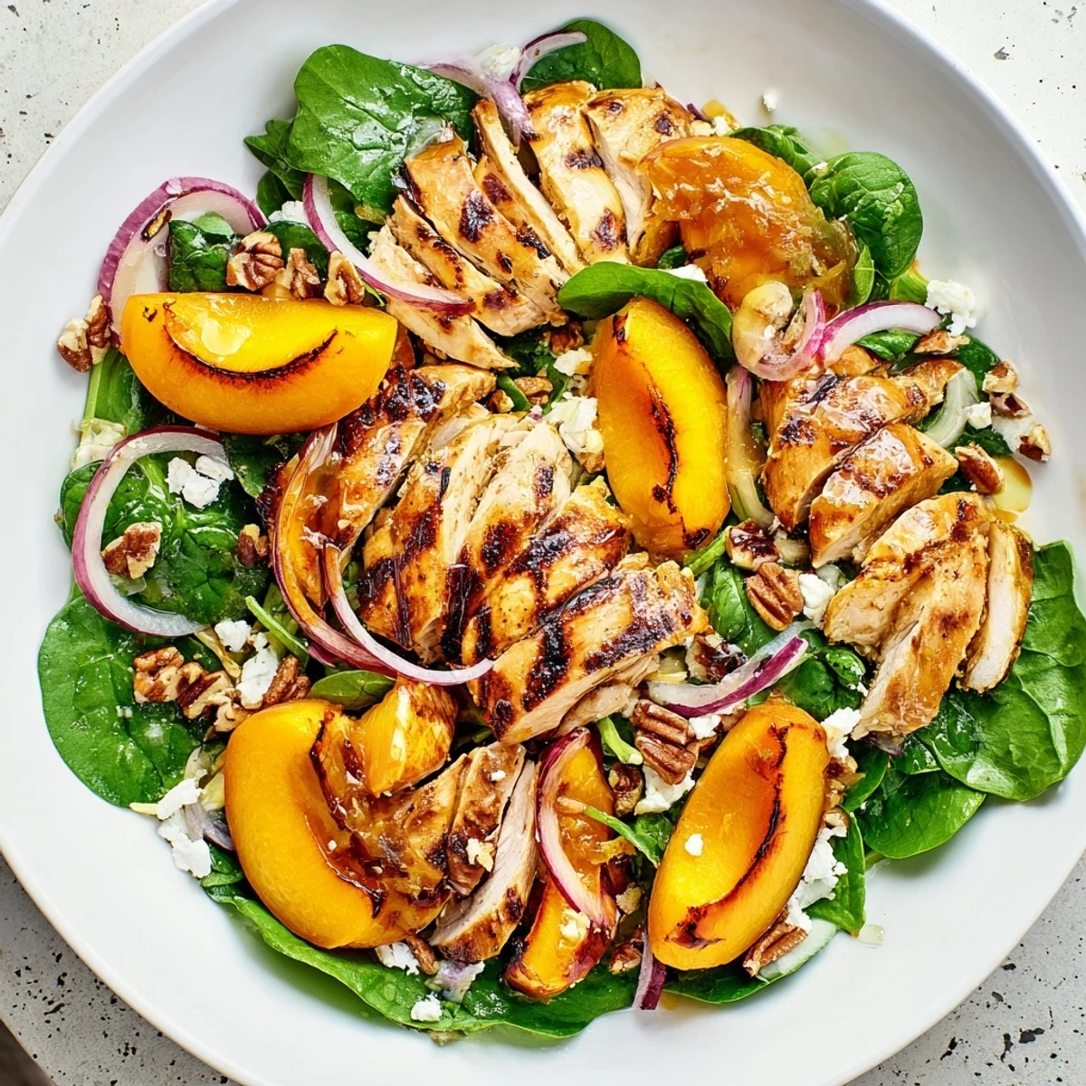 Layered textures in Grilled Apricot and Spinach Chicken Salad with Fresh Mint