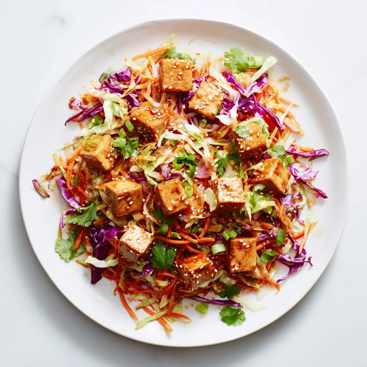 Golden crispy tofu cubes glazed in spicy sesame chili sauce atop colorful purple and green cabbage slaw
