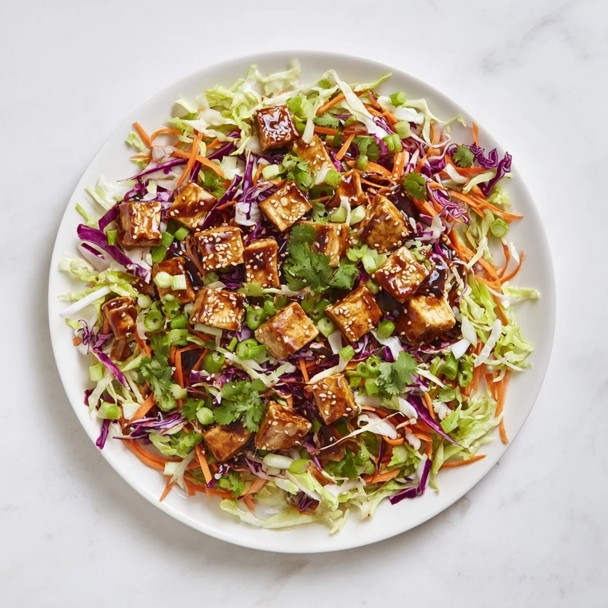 Vegan crispy chili sesame tofu served over fresh ginger cabbage crunch with cilantro and sesame seed garnish