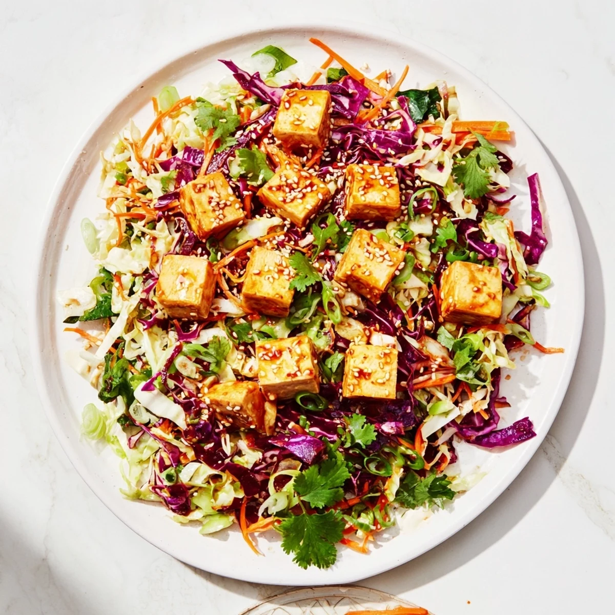 Plate of ultra-crispy tofu pieces tossed in sweet spicy sesame sauce resting on zesty julienned vegetable slaw