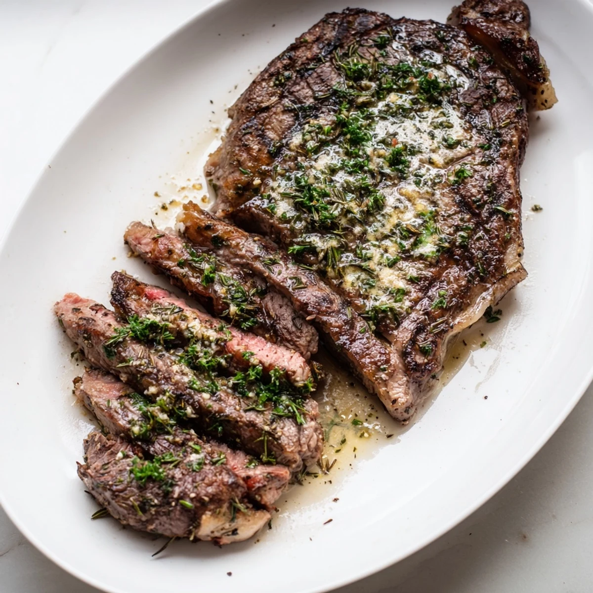 Golden seared garlic herb steak with juicy center plated alongside crisp roasted broccolini with bright lemon garnish