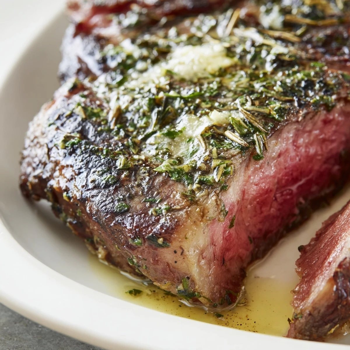 Medium rare garlic herb seasoned steak slices served over roasted lemon broccolini on white dinner plate