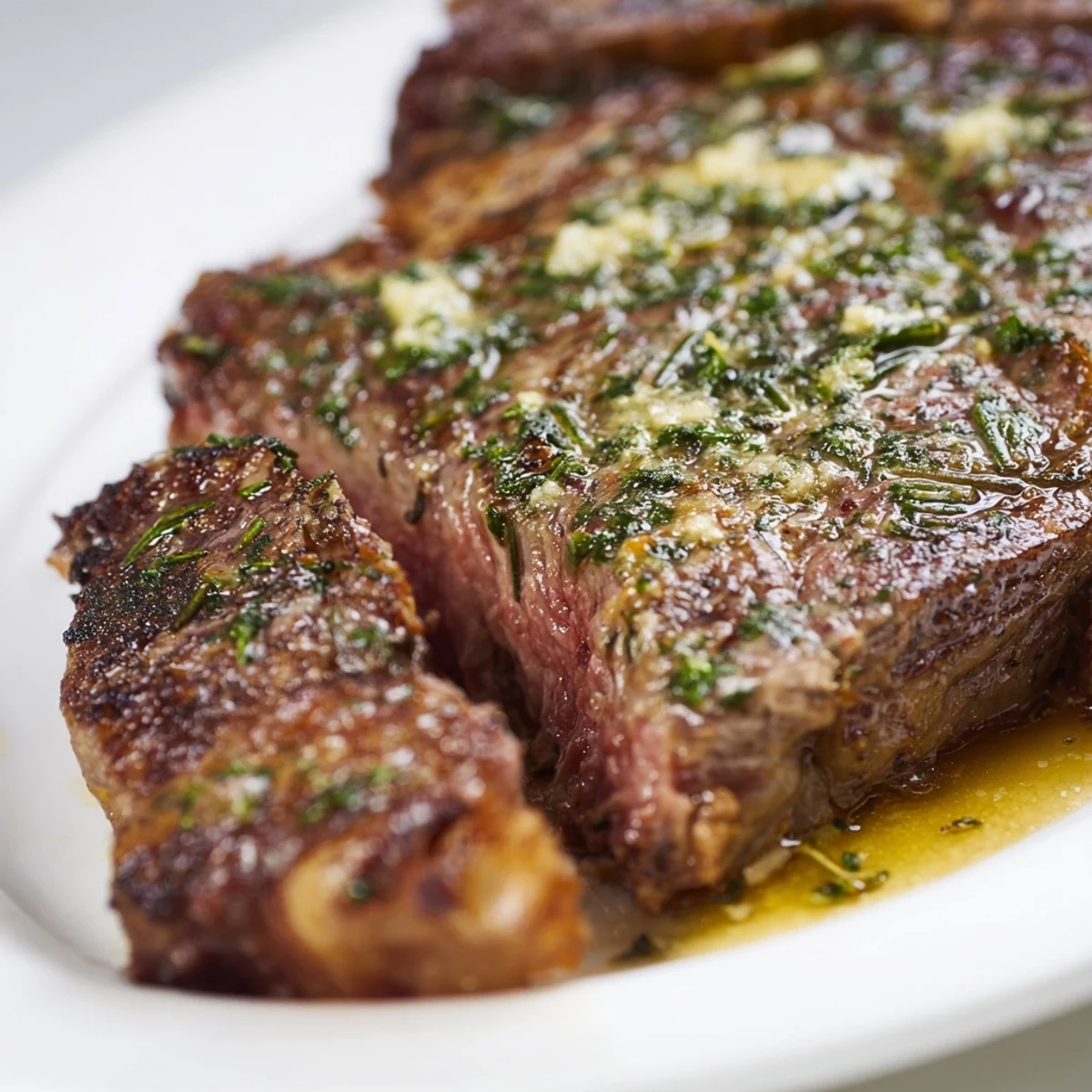 Succulent herb crusted steak resting on cutting board with tender roasted broccolini and fresh lemon wedges nearby
