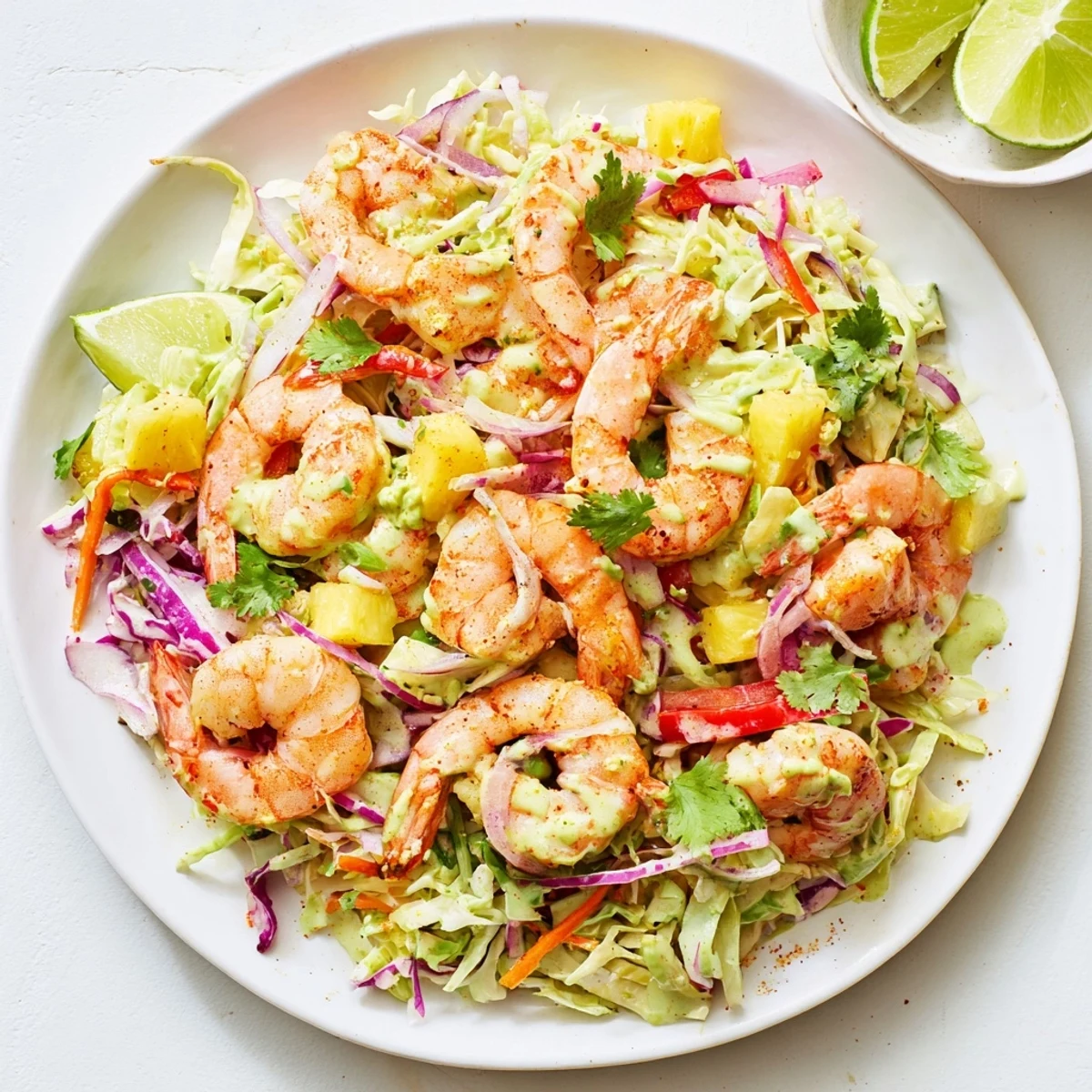 Golden pan-seared spicy pineapple shrimp atop colorful cabbage slaw with creamy avocado lime dressing