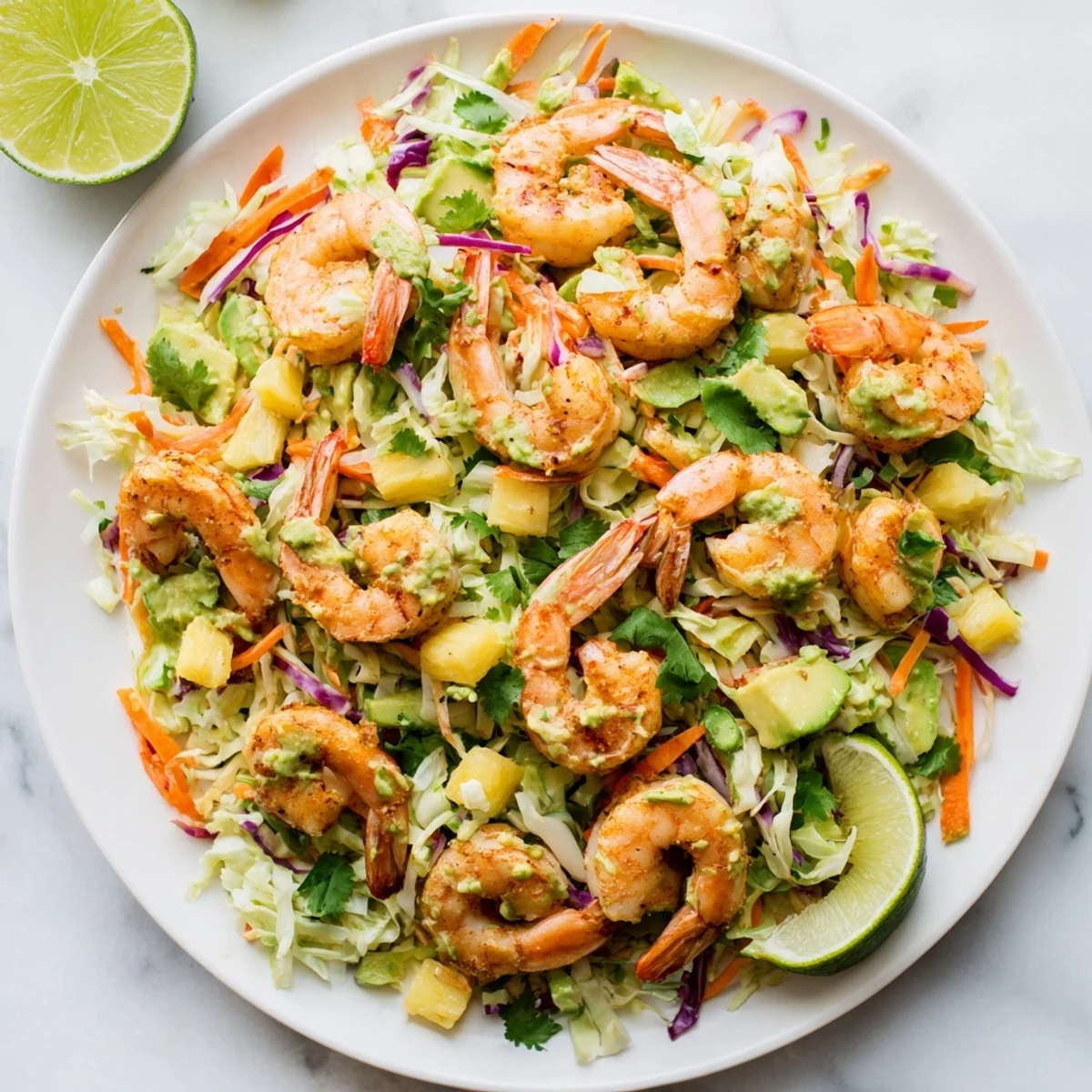 Vibrant plate of juicy spicy pineapple shrimp served over crunchy purple and green cabbage with lime