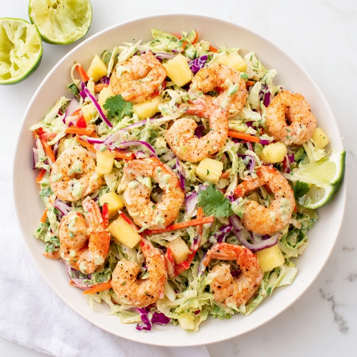 Tropical-inspired spicy pineapple shrimp with fresh pineapple chunks resting on crisp lime avocado cabbage salad