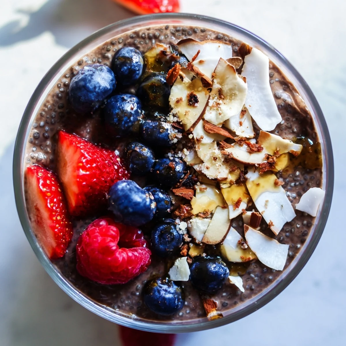 Creamy chocolate almond coconut berry protein chia cream layered with fresh berries and toasted almonds