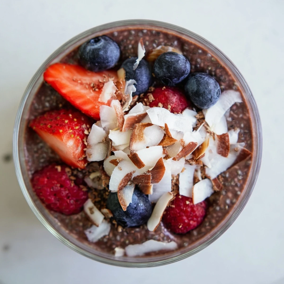 Glossy chocolate chia pudding bowl topped with vibrant mixed berries and crunchy shredded coconut