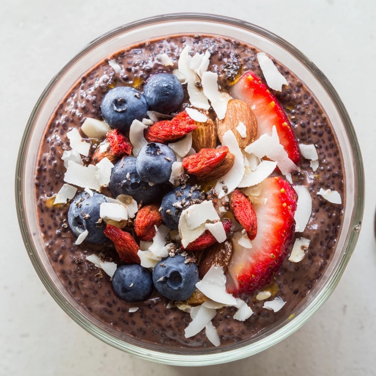 Decadent chocolate protein chia cream dessert with ripe strawberries and sliced almond garnish