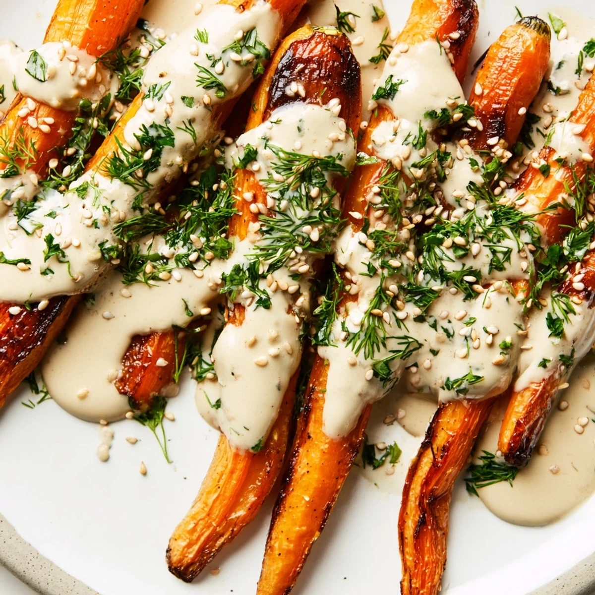 Golden roasted carrot with lemon herb tahini sauce drizzled over caramelized edges on a white platter