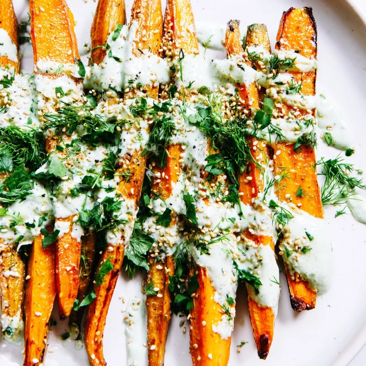 Mediterranean side dish featuring tender roasted carrots coated in creamy tahini dressing with fresh herbs