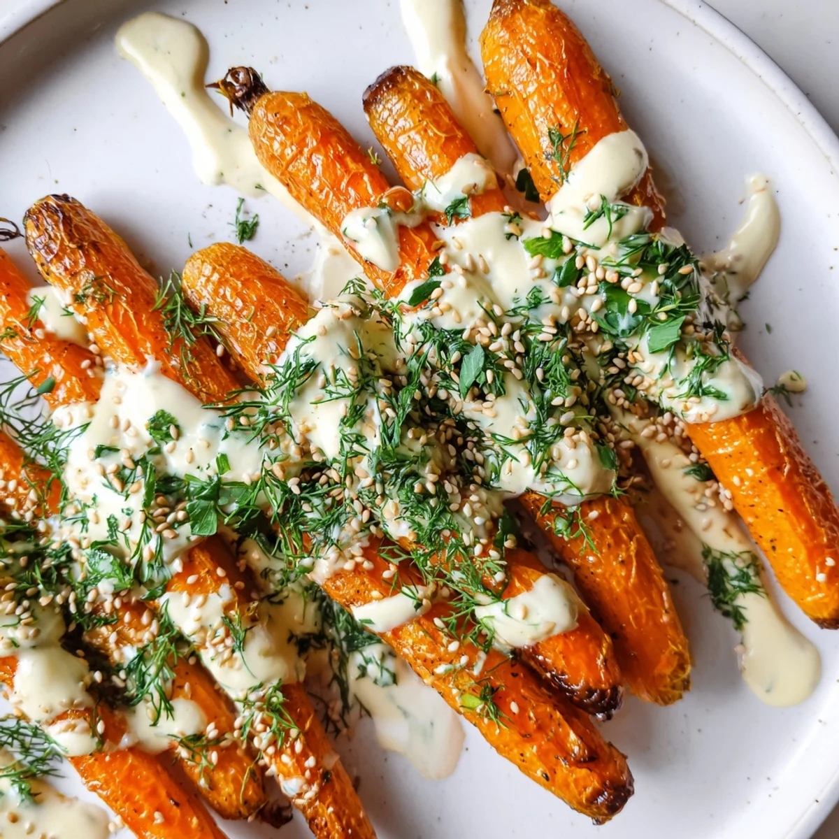 Vegan gluten-free roasted carrots arranged on serving plate with zesty lemon tahini sauce and sesame seed garnish