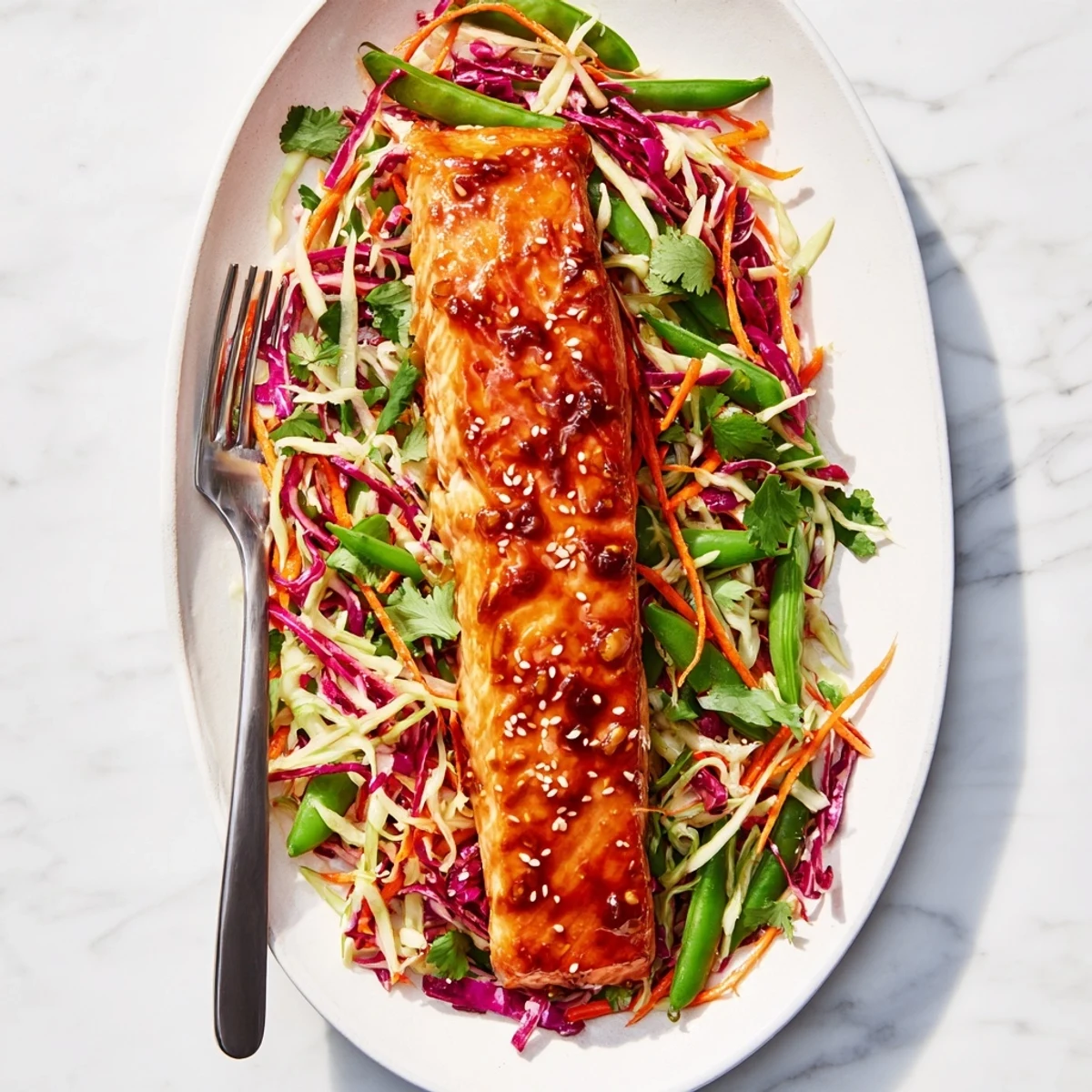 Golden brown miso maple salmon fillets glazed with sweet caramelized topping atop colorful sesame snap pea cabbage slaw