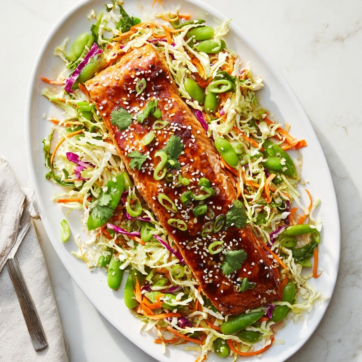 Flaky glazed salmon resting on vibrant vegetable slaw featuring snap peas red cabbage and toasted sesame seeds