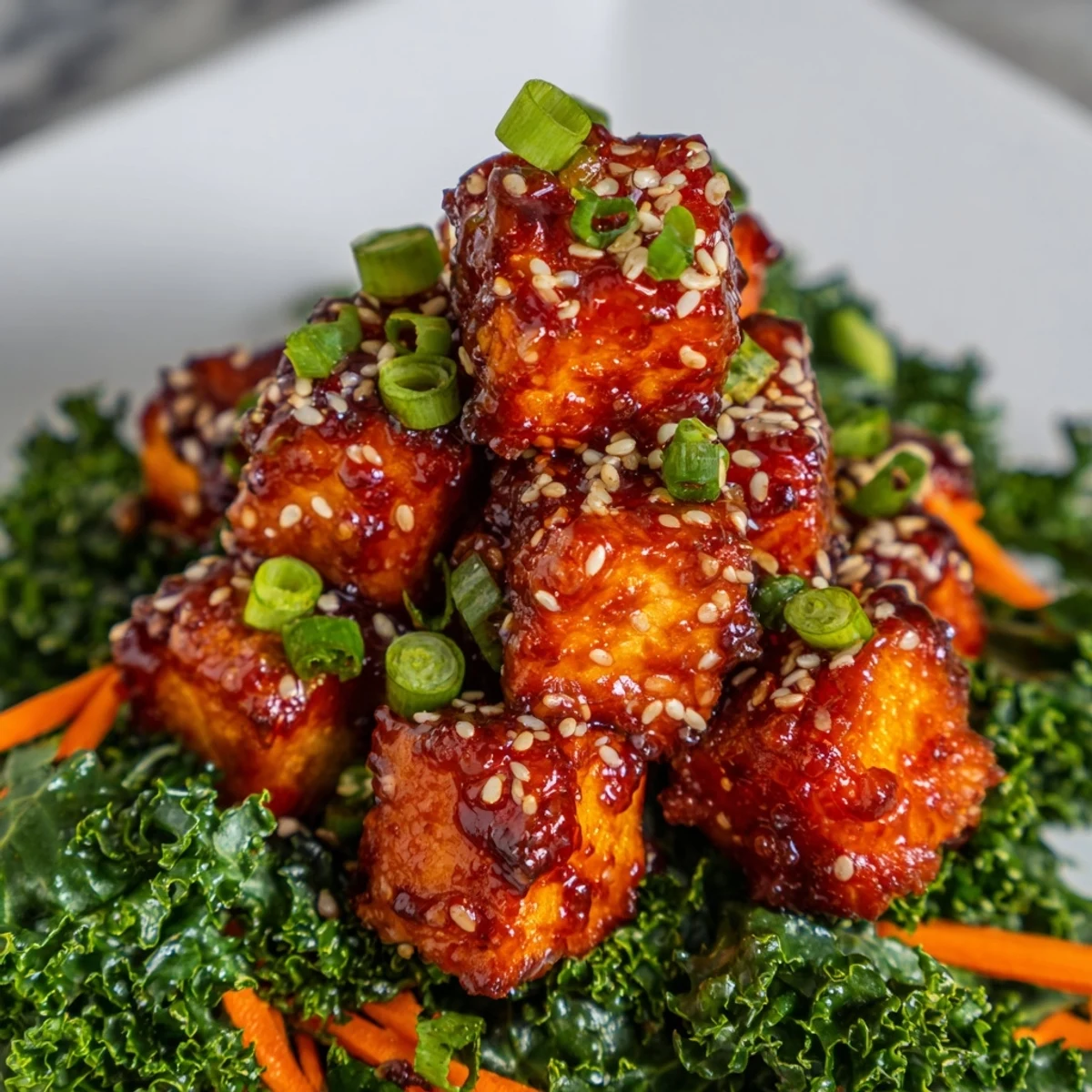 Golden crispy chili garlic tofu cubes served over vibrant sesame kale with fresh scallions