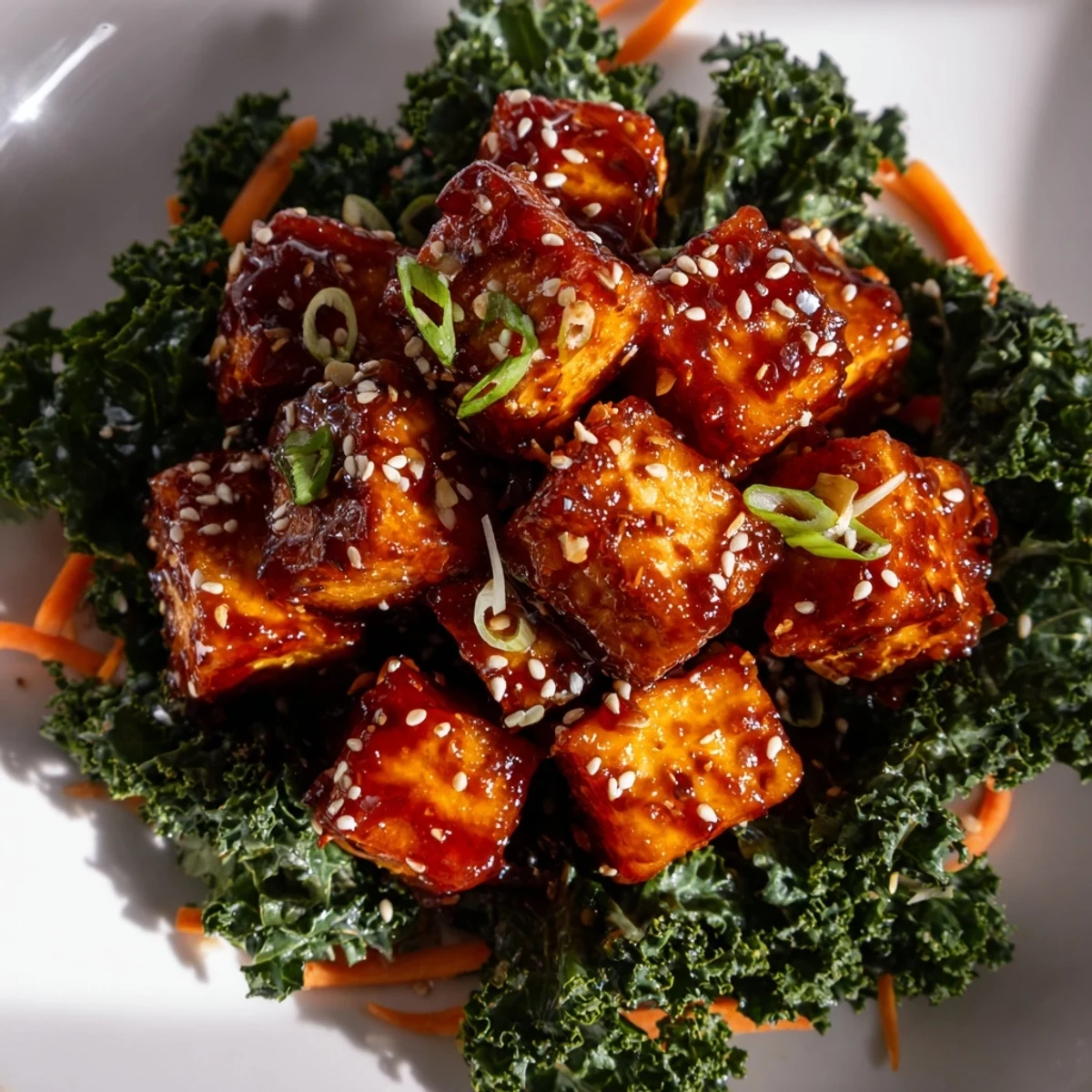 Vegan crispy chili garlic tofu with spicy glaze atop crunchy massaged kale and sesame seeds