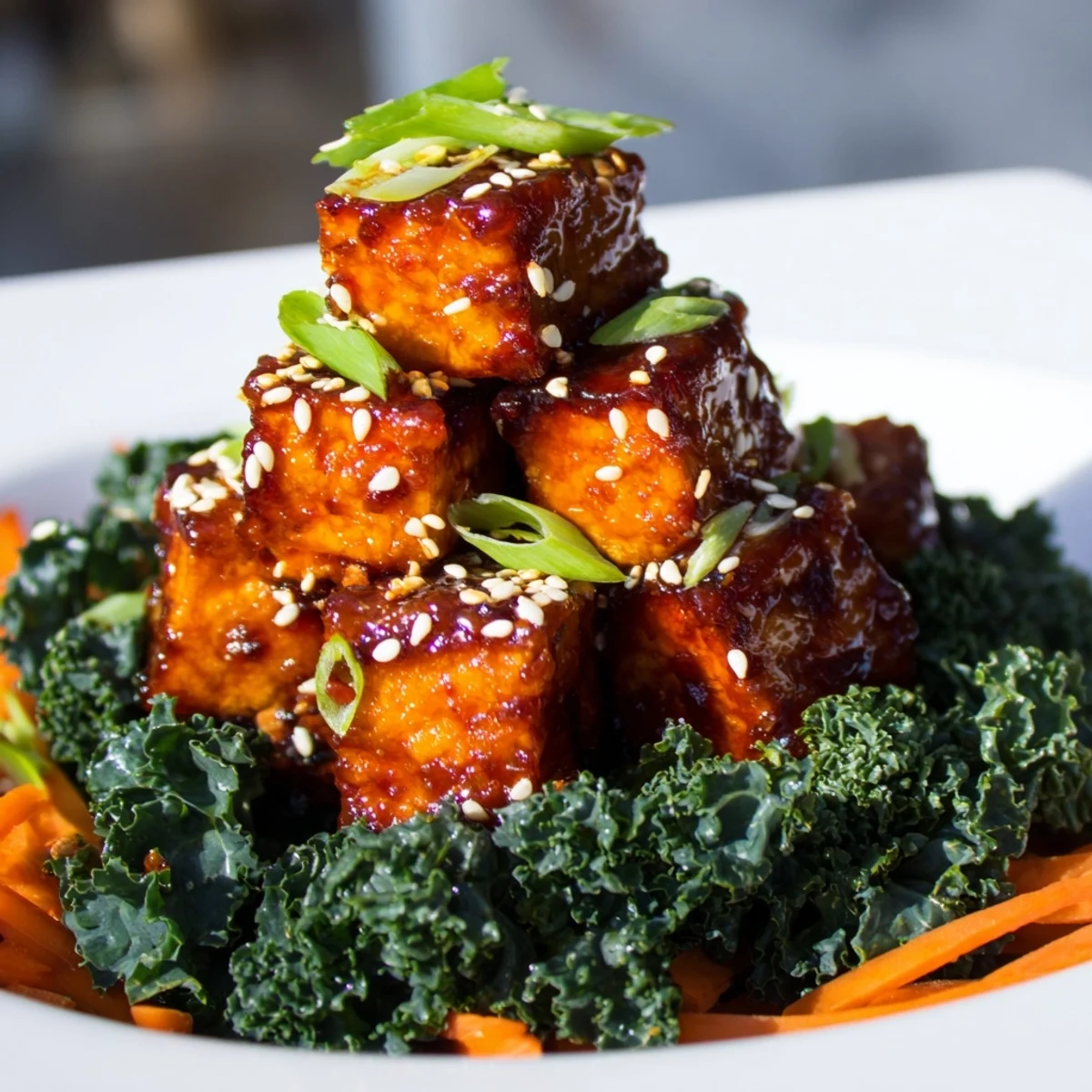 Pan-fried tofu in sweet chili garlic sauce plated over colorful sesame kale crunch with julienned carrots