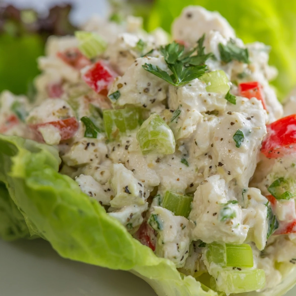 Protein-packed chicken salad with zesty lemon and cracked pepper served in refreshing crisp lettuce cups for a light lunch