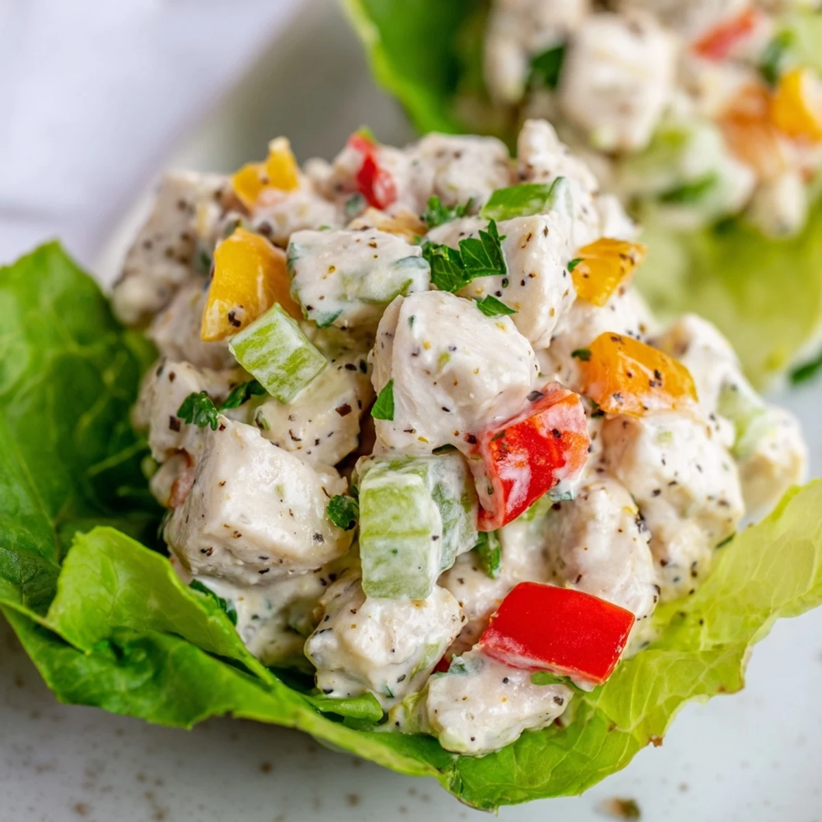 Creamy cottage cheese lemon pepper chicken salad mounded in green butter lettuce leaves with fresh parsley garnish