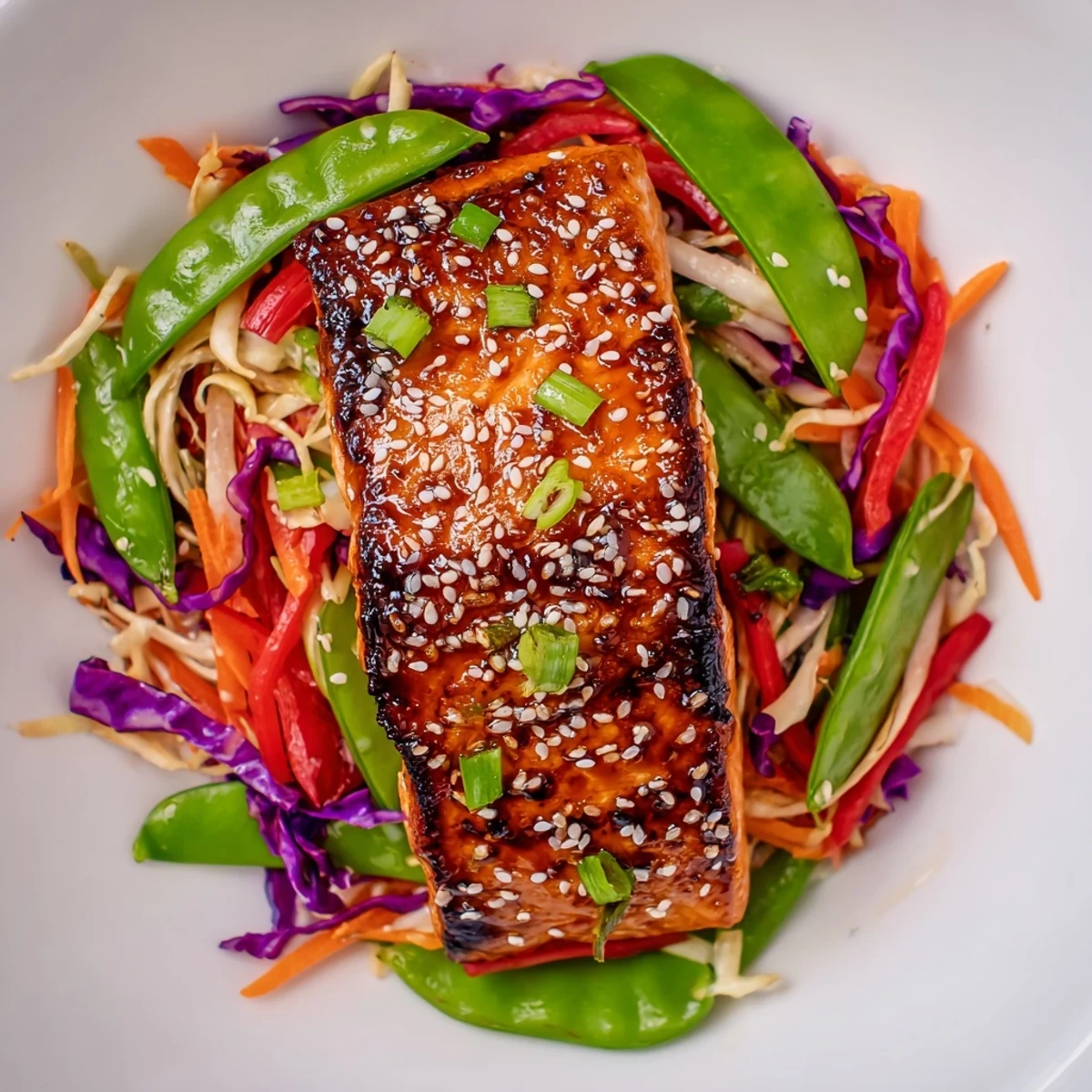 Tender glazed miso ginger salmon resting on a colorful bed of crisp vegetables and toasted sesame seeds