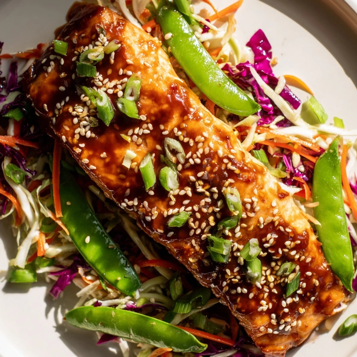 Golden miso ginger salmon fillets caramelized to perfection, served over crunchy sesame snap pea cabbage slaw