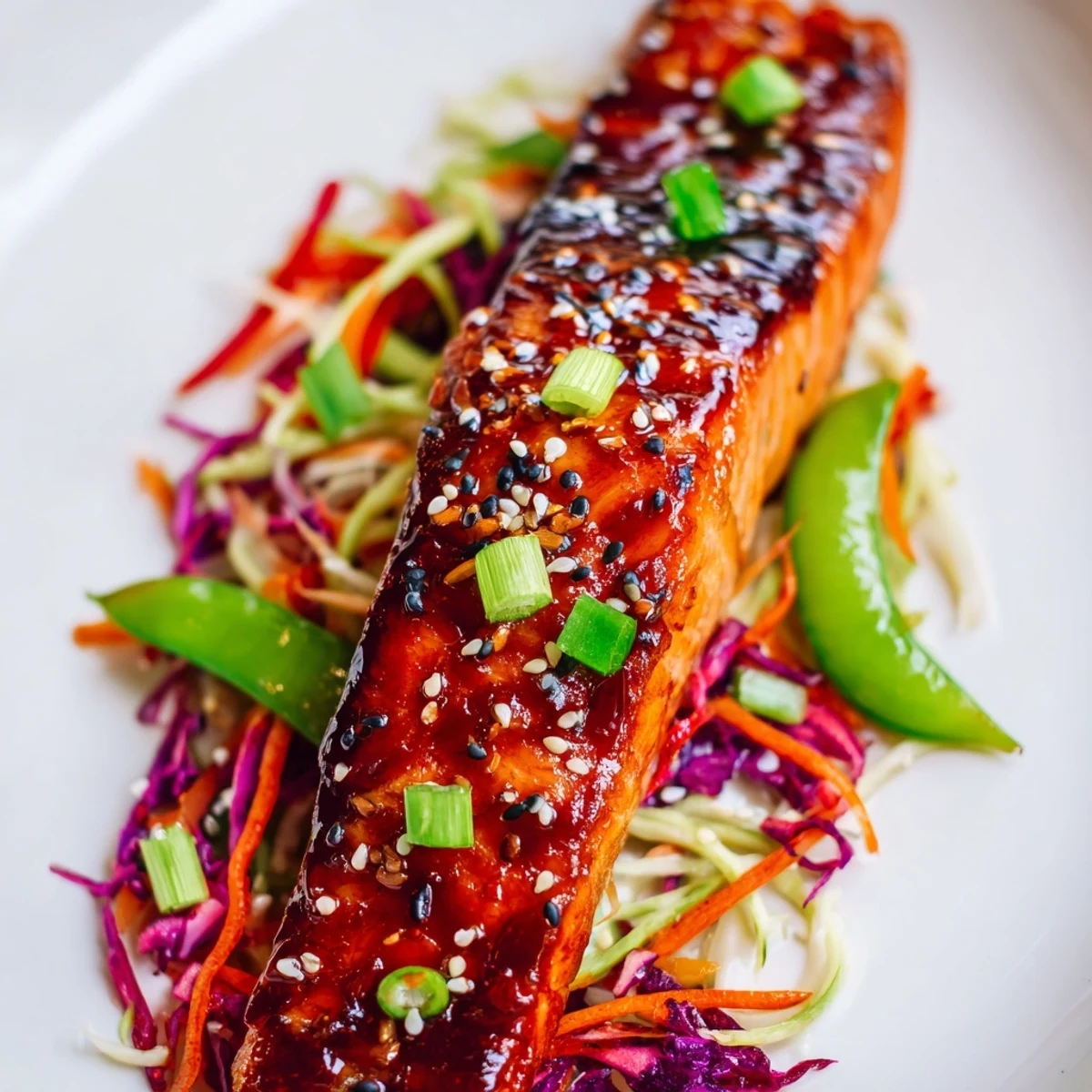 Asian-inspired miso ginger salmon with glossy marinade atop a refreshing mix of snap peas and cabbage