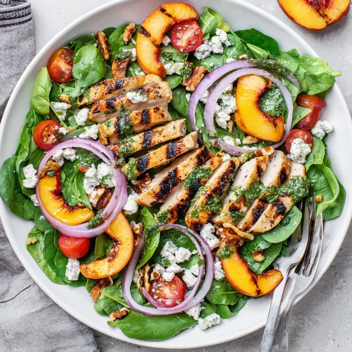 Grilled nectarine and spinach chicken salad featuring juicy charred fruit slices atop fresh baby spinach with sliced grilled chicken breast