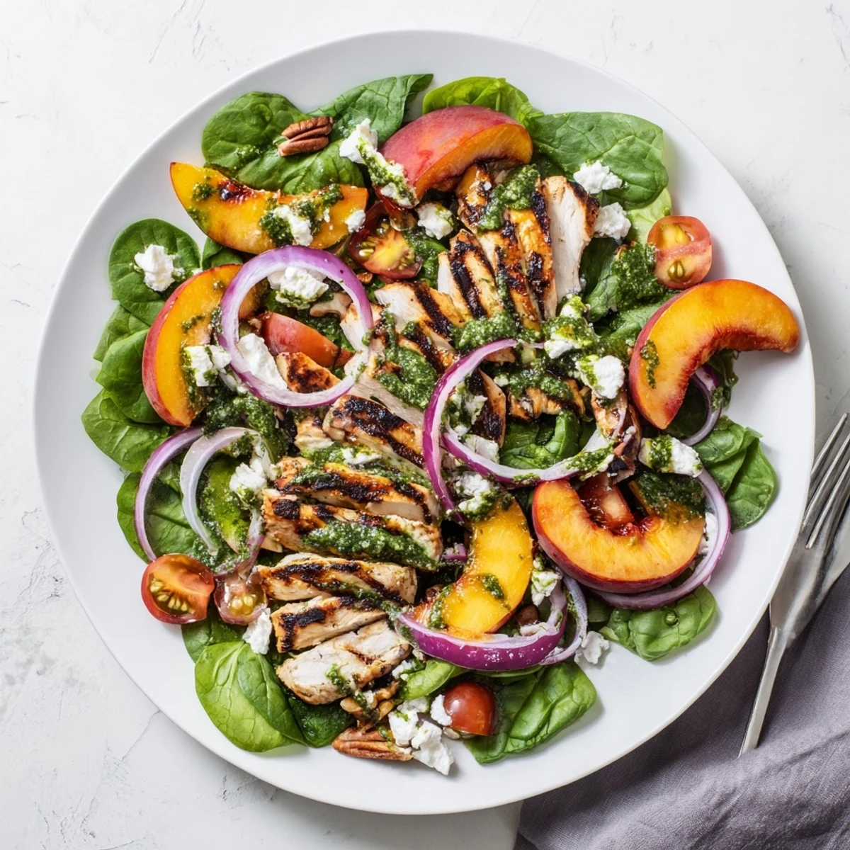 Colorful grilled nectarine and spinach chicken salad drizzled with fragrant basil-mint vinaigrette and topped with crumbled feta cheese