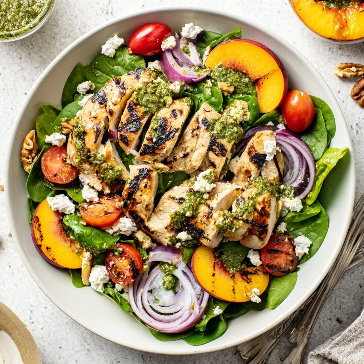Summer grilled nectarine and spinach chicken salad bowl with cherry tomatoes, red onion, toasted pecans, and tender sliced chicken