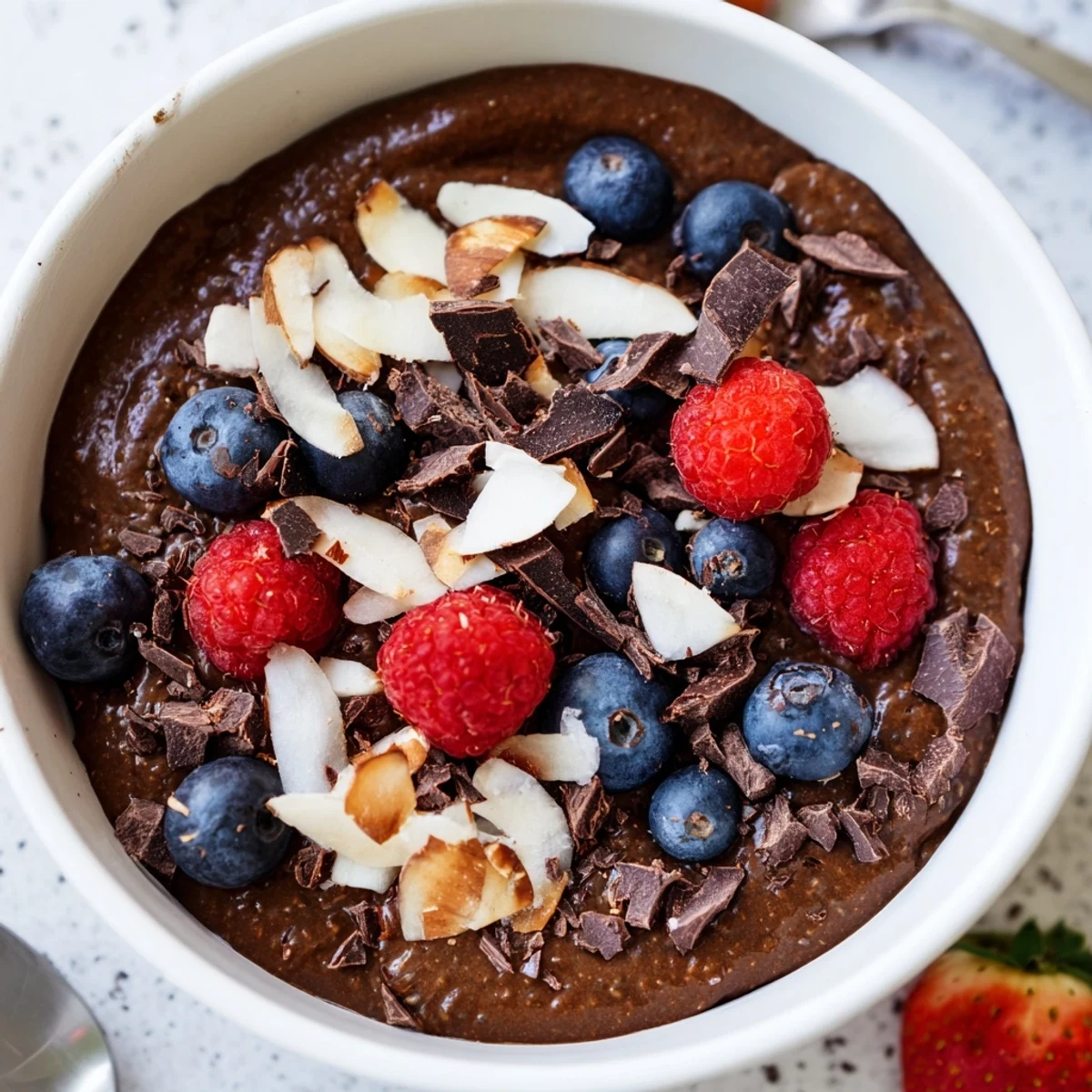 Chocolate coconut almond berry protein chia cream bowl topped with fresh mixed berries and toasted sliced almonds