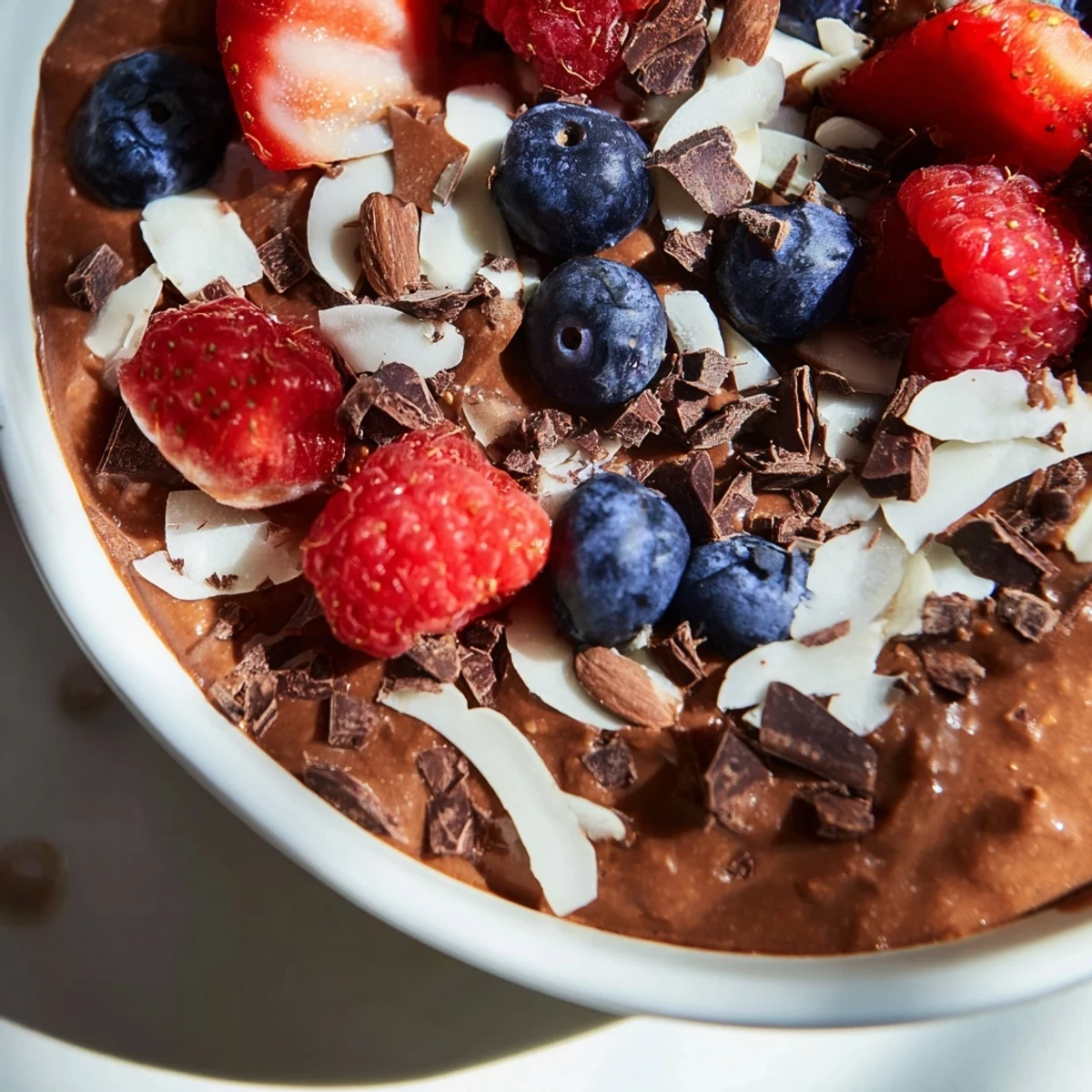 Creamy chocolate chia pudding breakfast bowl garnished with shredded coconut raspberries blueberries and crunchy almonds