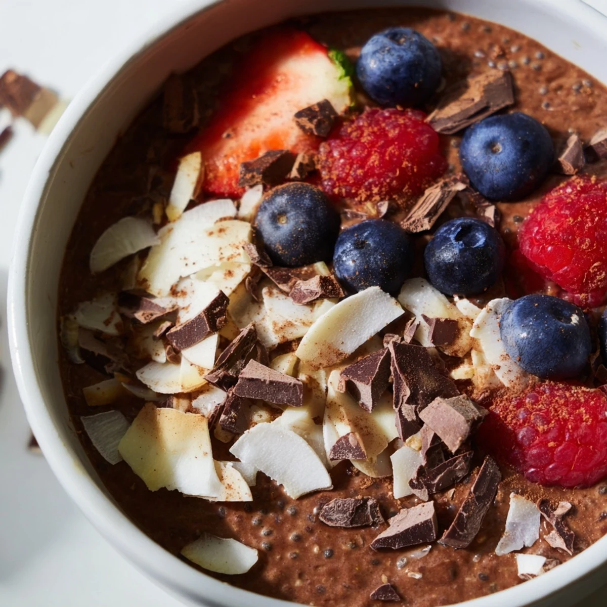 Protein-packed chocolate coconut chia cream dessert jar layered with fresh strawberries and dark chocolate chunks
