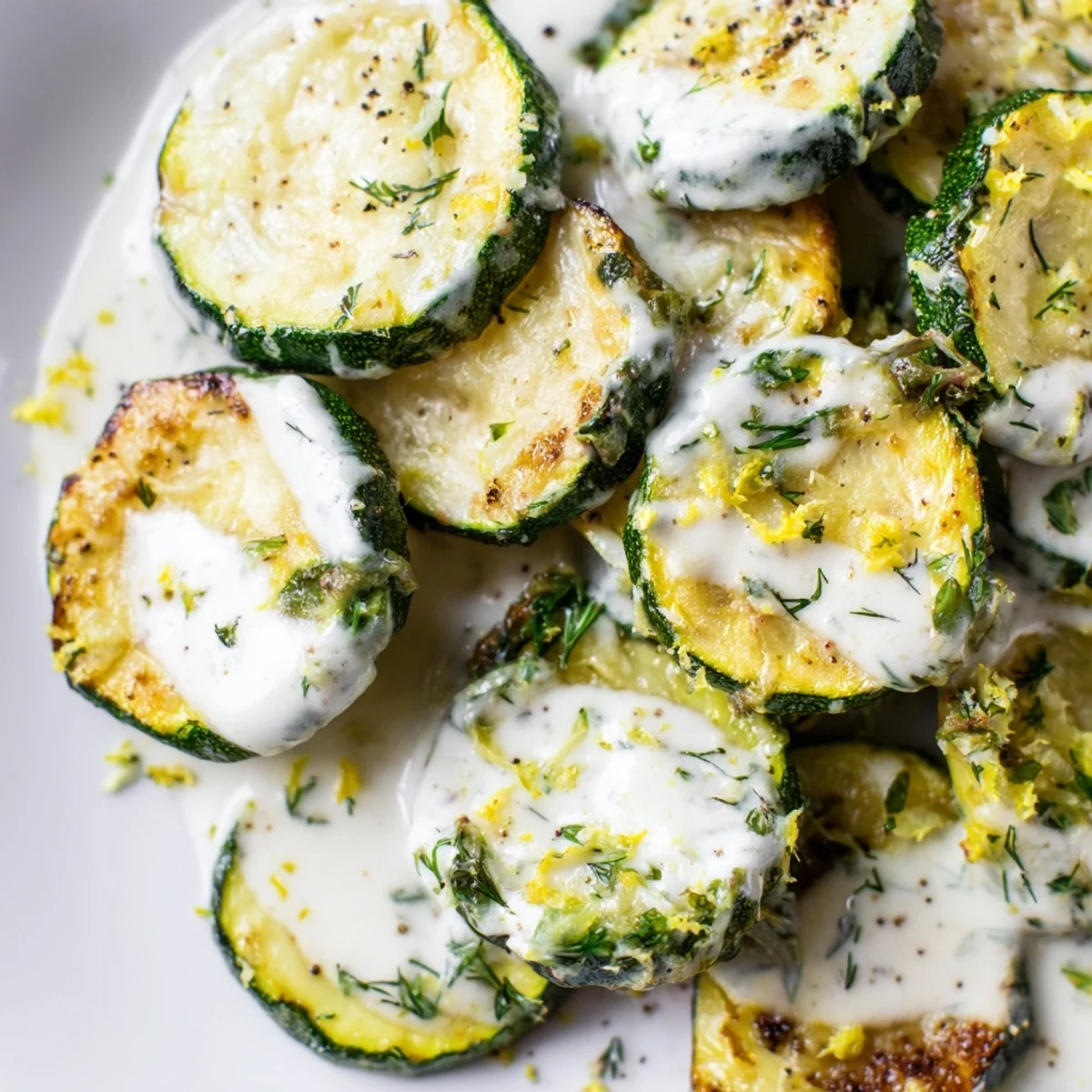 Golden roasted zucchini rounds drizzled with creamy lemon herb tahini sauce and fresh parsley garnish